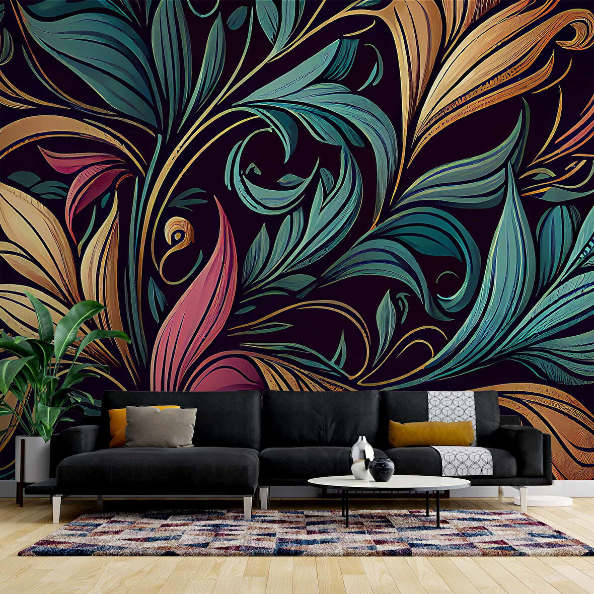 Renkli Yaprak Desenli Duvar Kağıdı