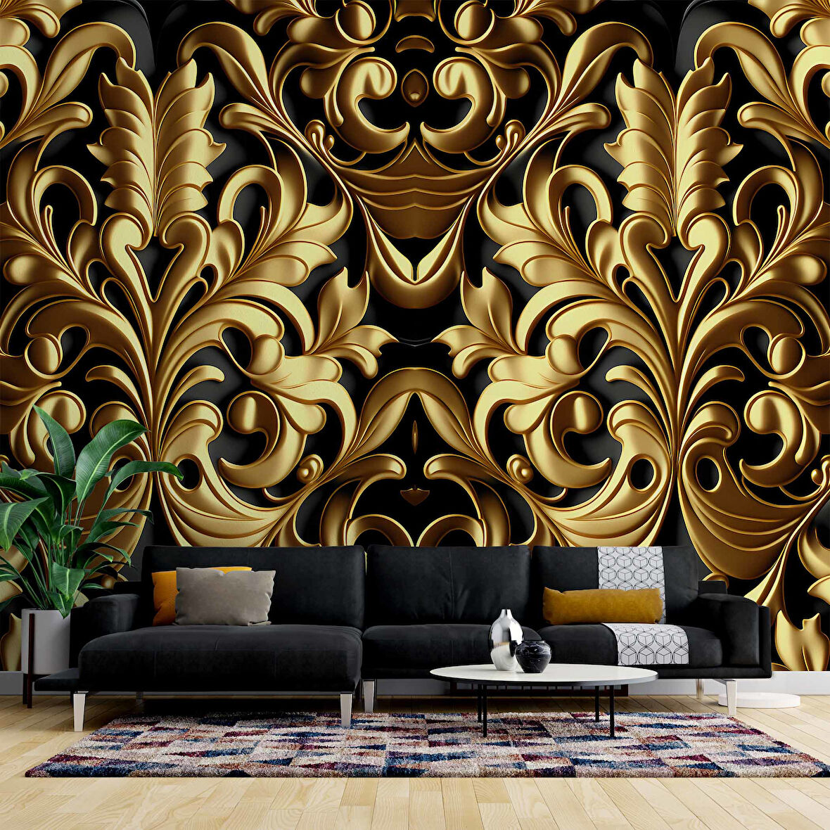 3 Boyutlu Altın Yaprak Temalı Duvar Kağıdı