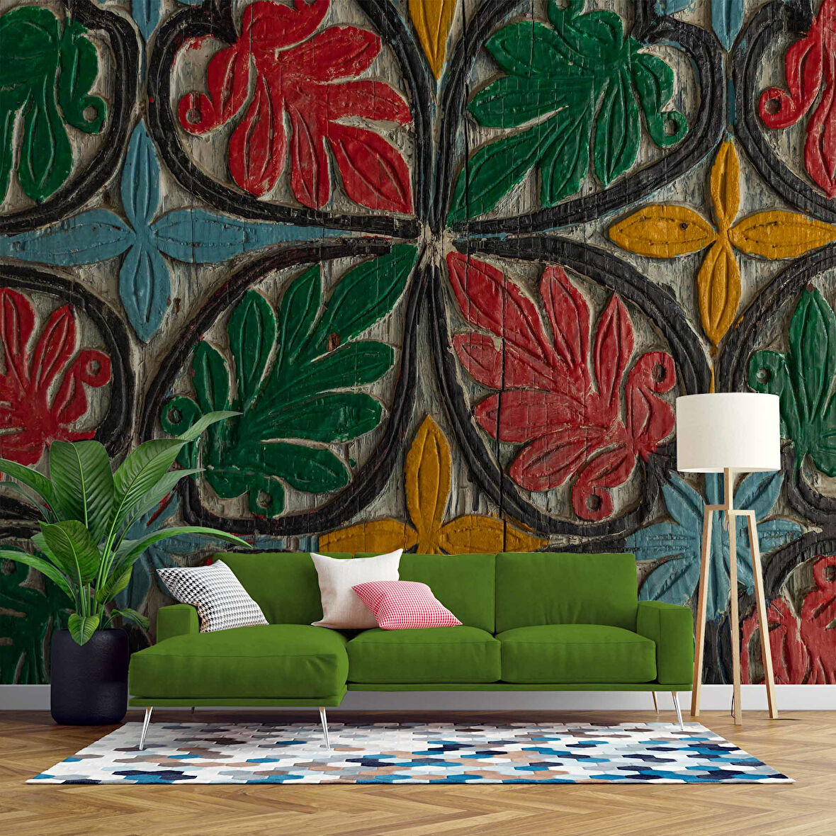 Renkli Ağaç Boyama Desenli Duvar Kağıdı