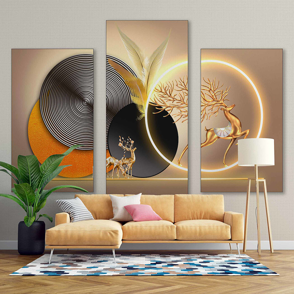 3 Boyutlu Altın Geyik Desenli Duvar Kağıdı