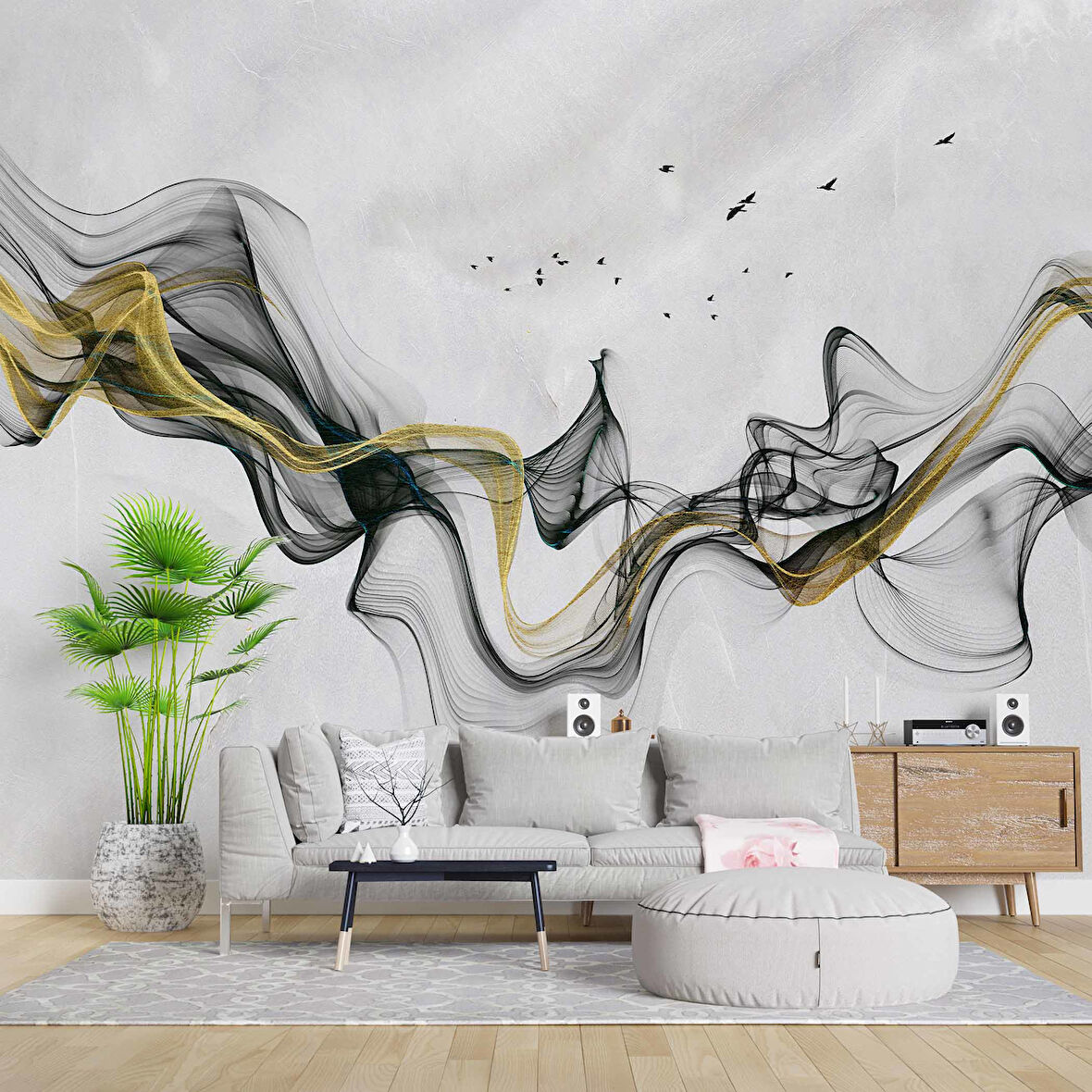 3 Boyutlu Gri Zeminli Gökyüzü Boyama Desenli Duvar Kağıdı