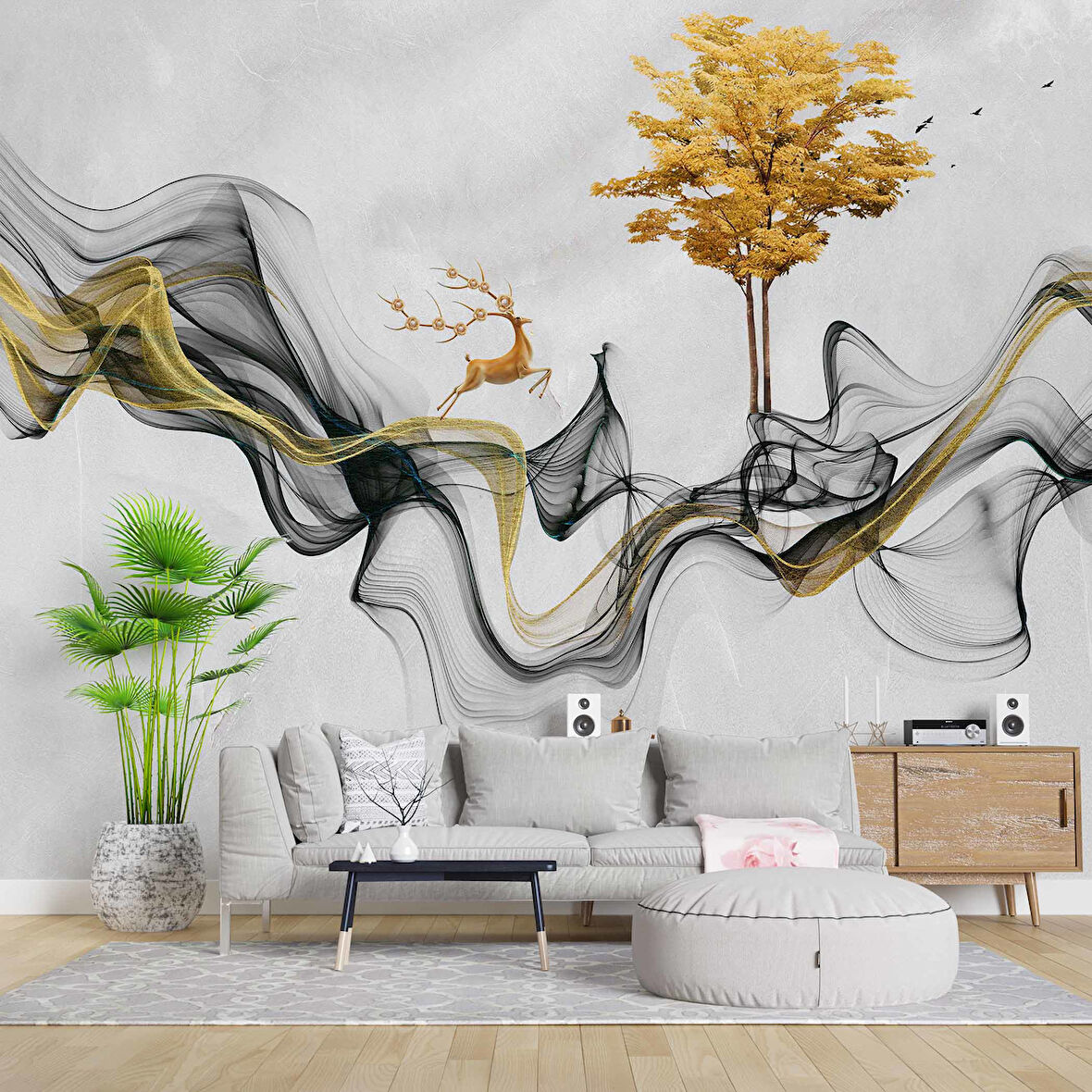 3 Boyutlu Gri Boyama Altın Geyik ve Ağaç Desenli Duvar Kağıdı