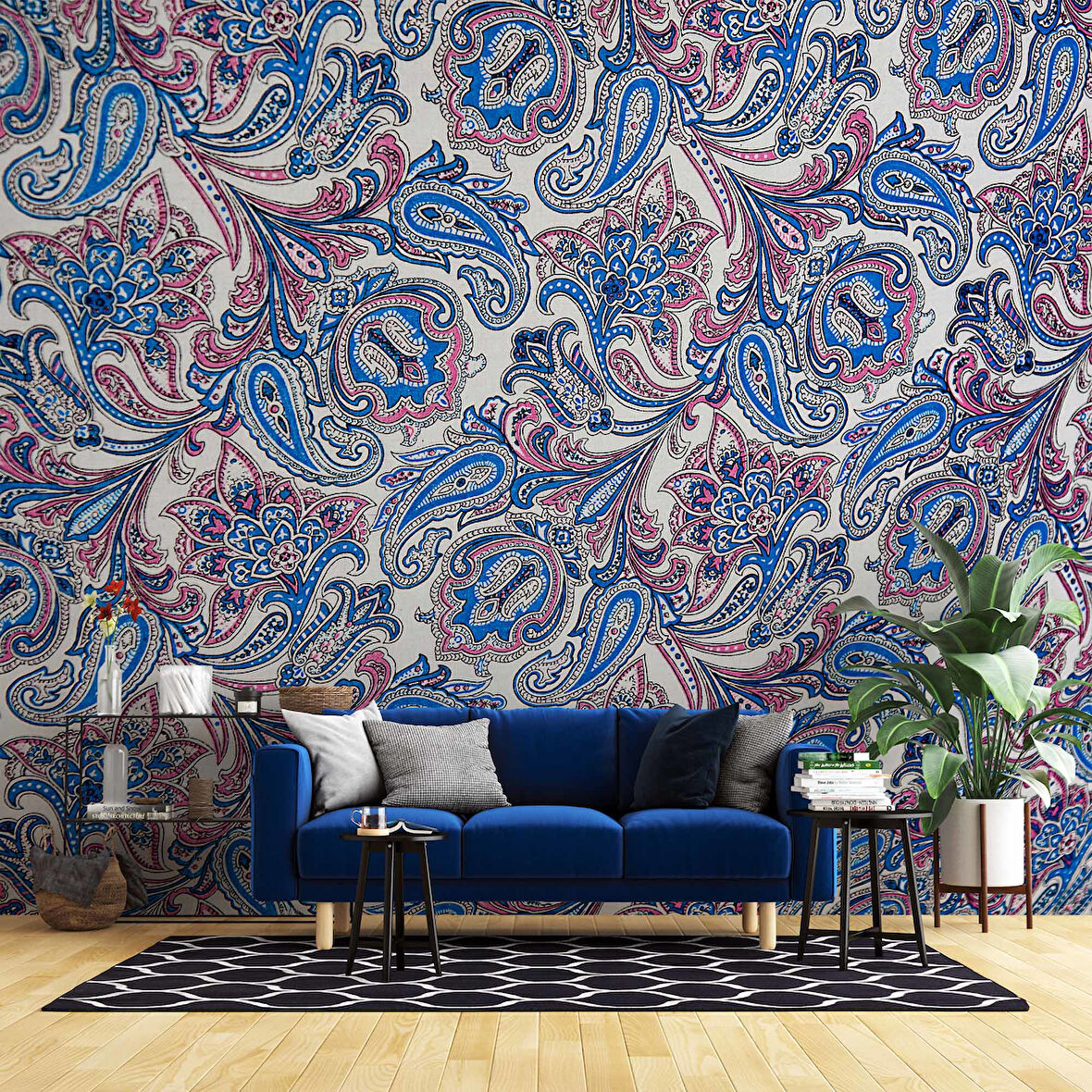 3 Boyutlu Lacivert Çini Desenli Duvar Kağıdı