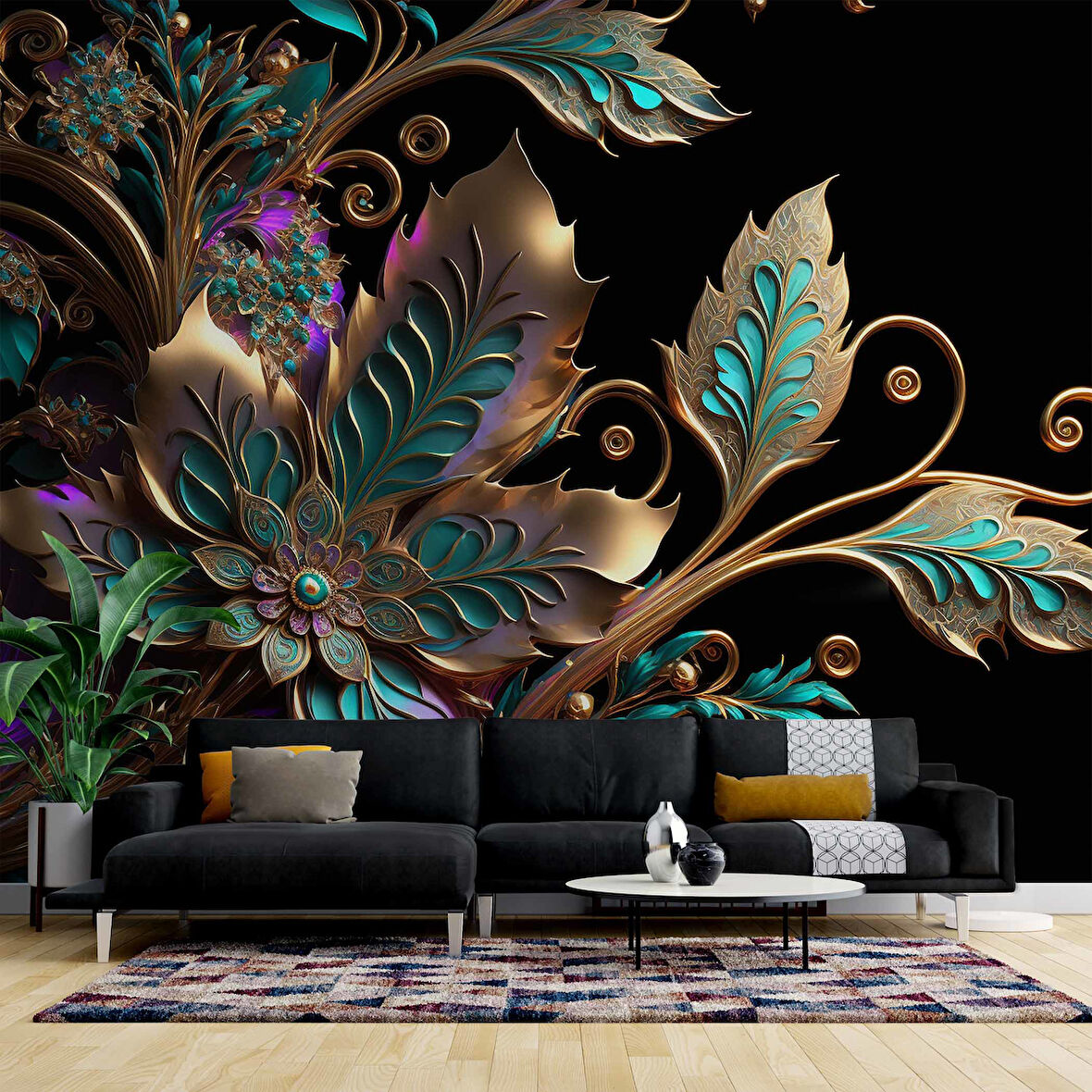  Boyutlu Altın Yeşil Çiçek Desenli Duvar Kağıdı