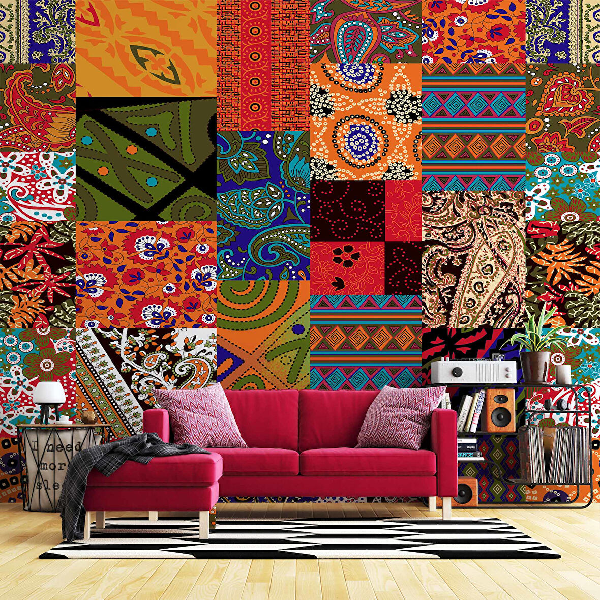 Rengarenk Motif Çizim Desenli Duvar Kağıdı