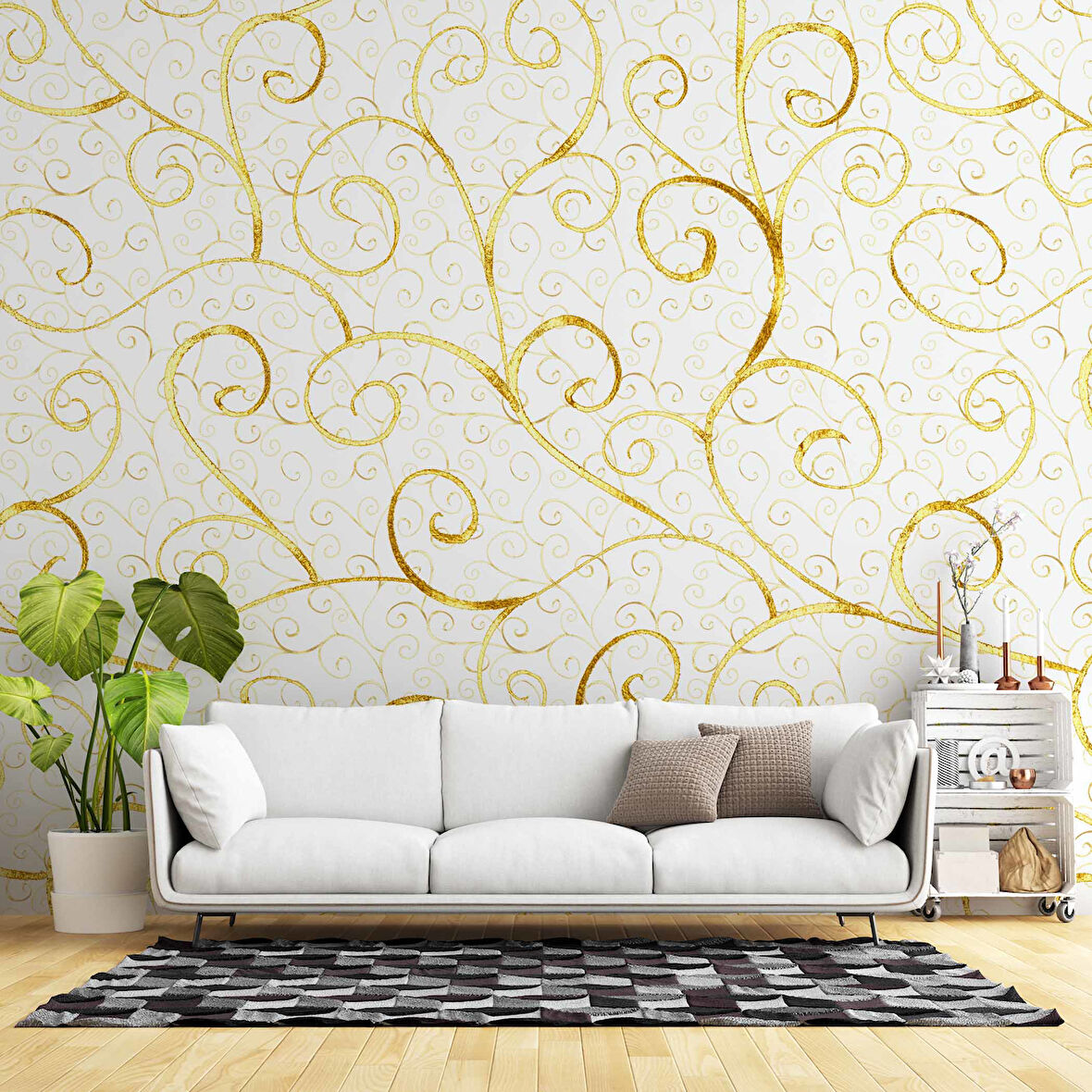 3 Boyutlu Beyaz Altın Motif Desenli Duvar Kağıdı