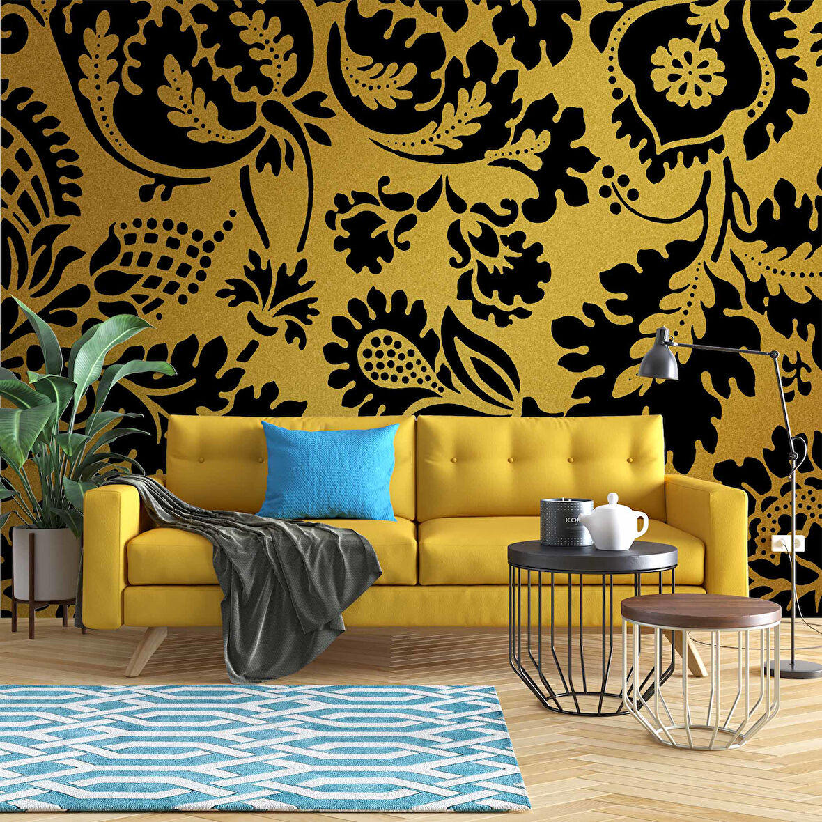 3 Boyutlu Altın simli siyah motifli Desenli Duvar Kağıdı