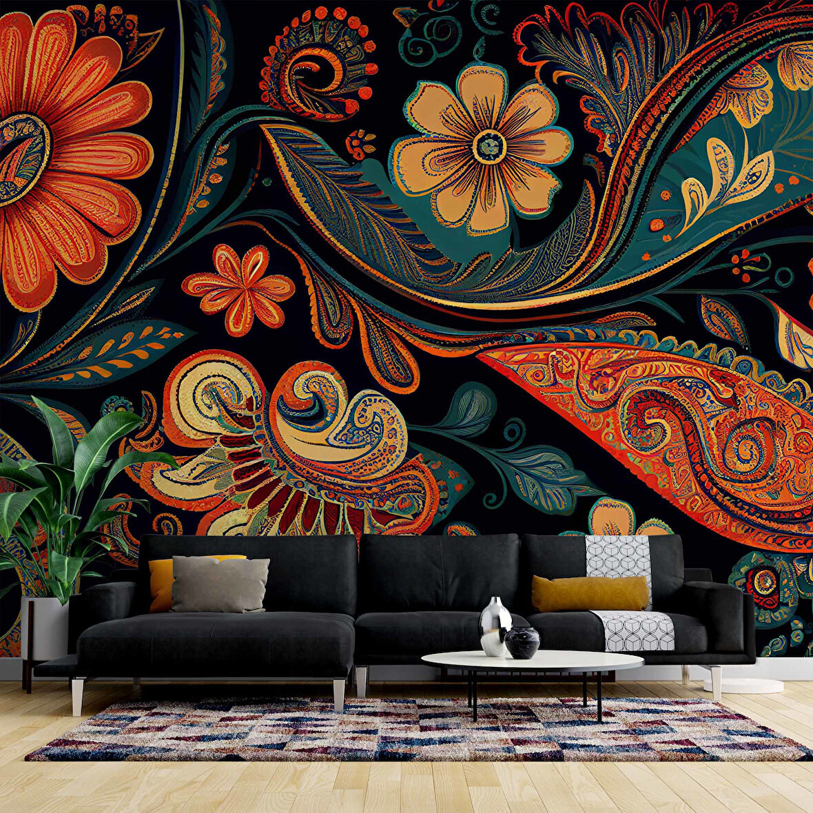 Kırmızı Yeşil Çiçek Çizimi Desenli Duvar Kağıdı