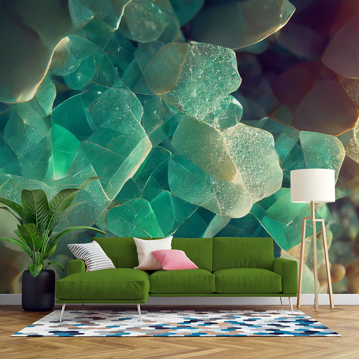 3 Buyutlu Yeşil Kristal Desenli Duvar Kağıdı