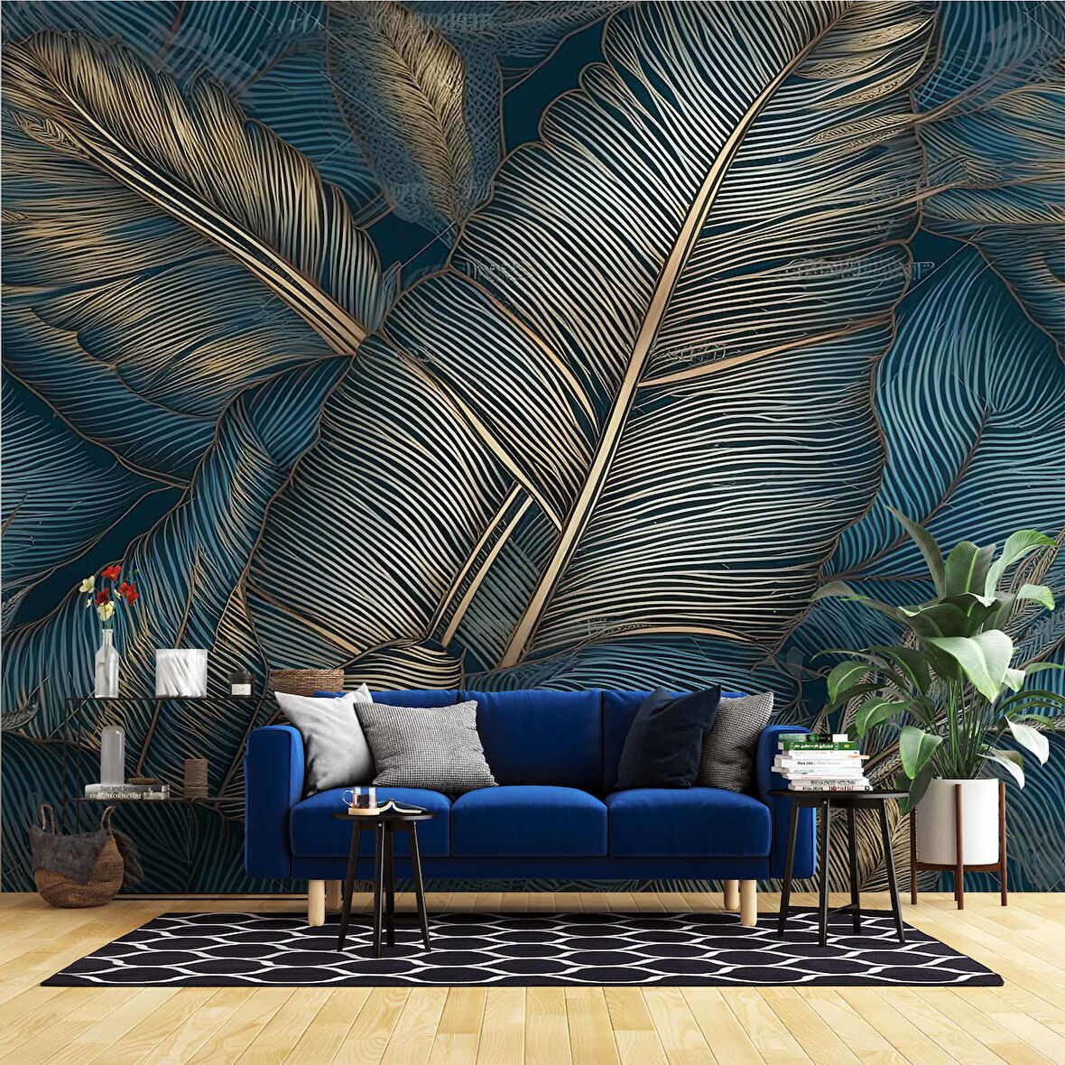 Mavi Tonlu Altın Yaprak Desenli Duvar Kağıdı