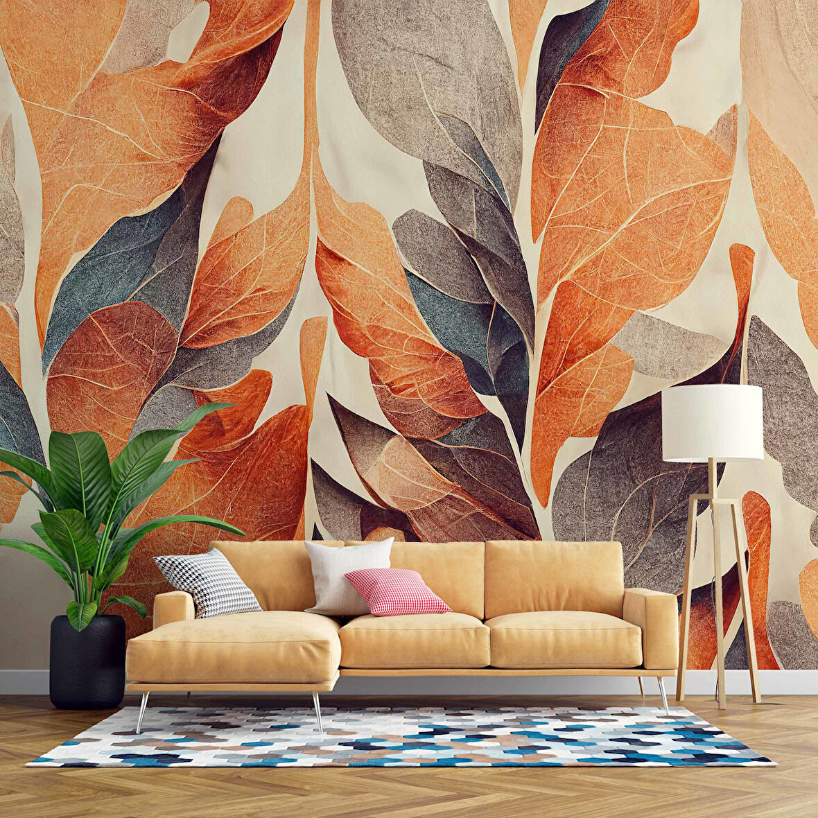 Sonbahar Solmuş Yaprak Çizim Desenli Duvar Kağıdı