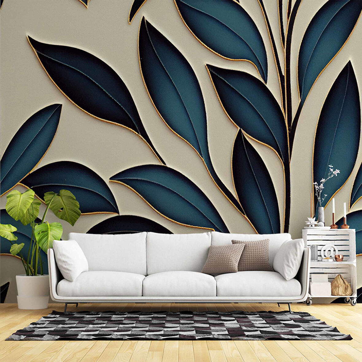 Mavi Yaprak İşleme Desenli Duvar Kağıdı