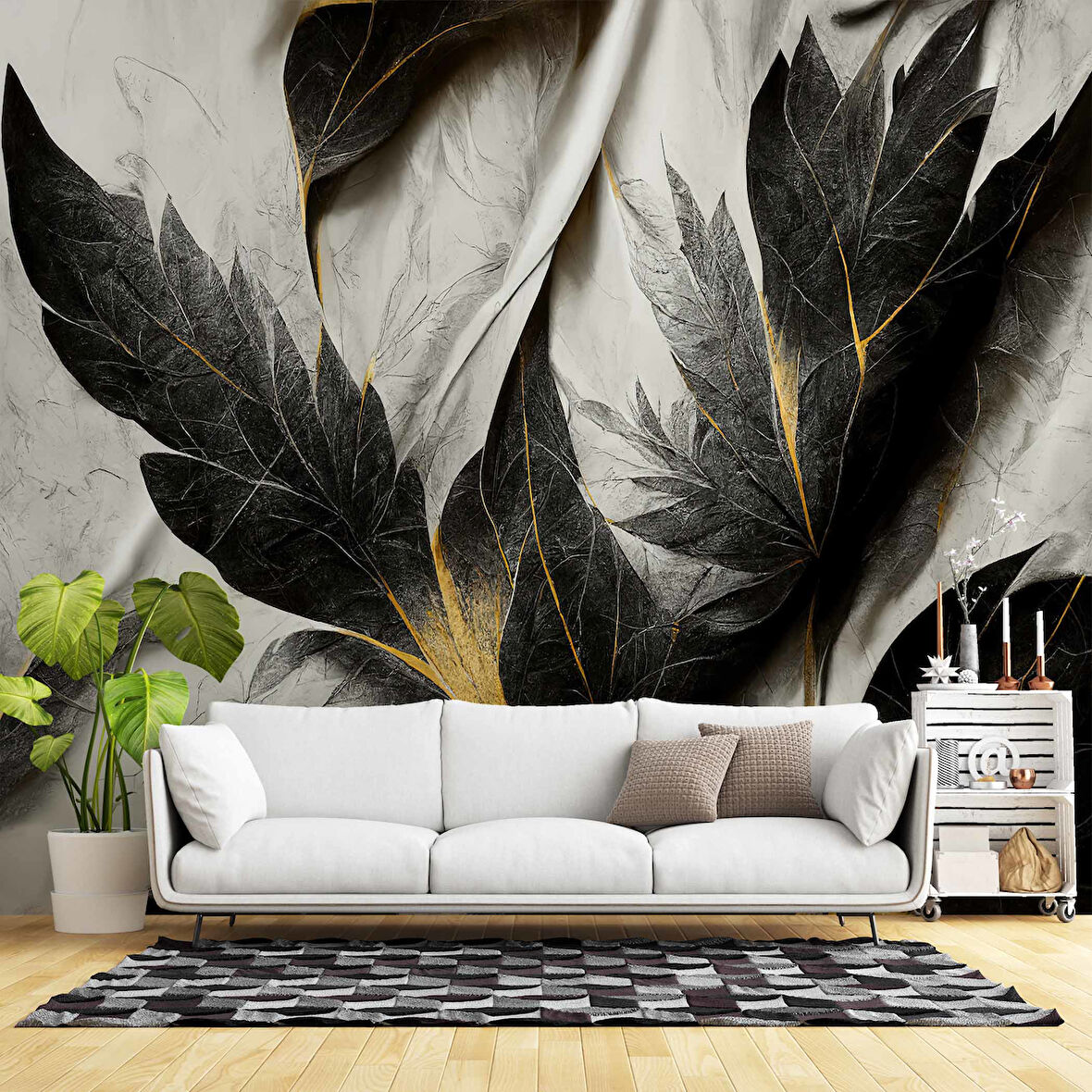 Siyah Beyaz Yaprak Çizim Desenli Duvar Kağıdı