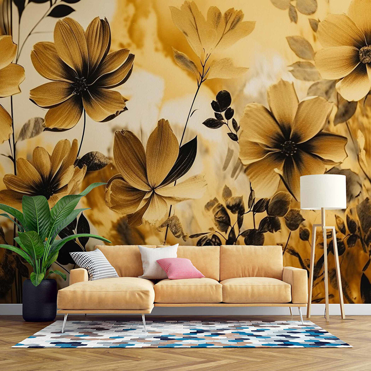 Sarı Çiçek Çizim Desenli Duvar Kağıdı