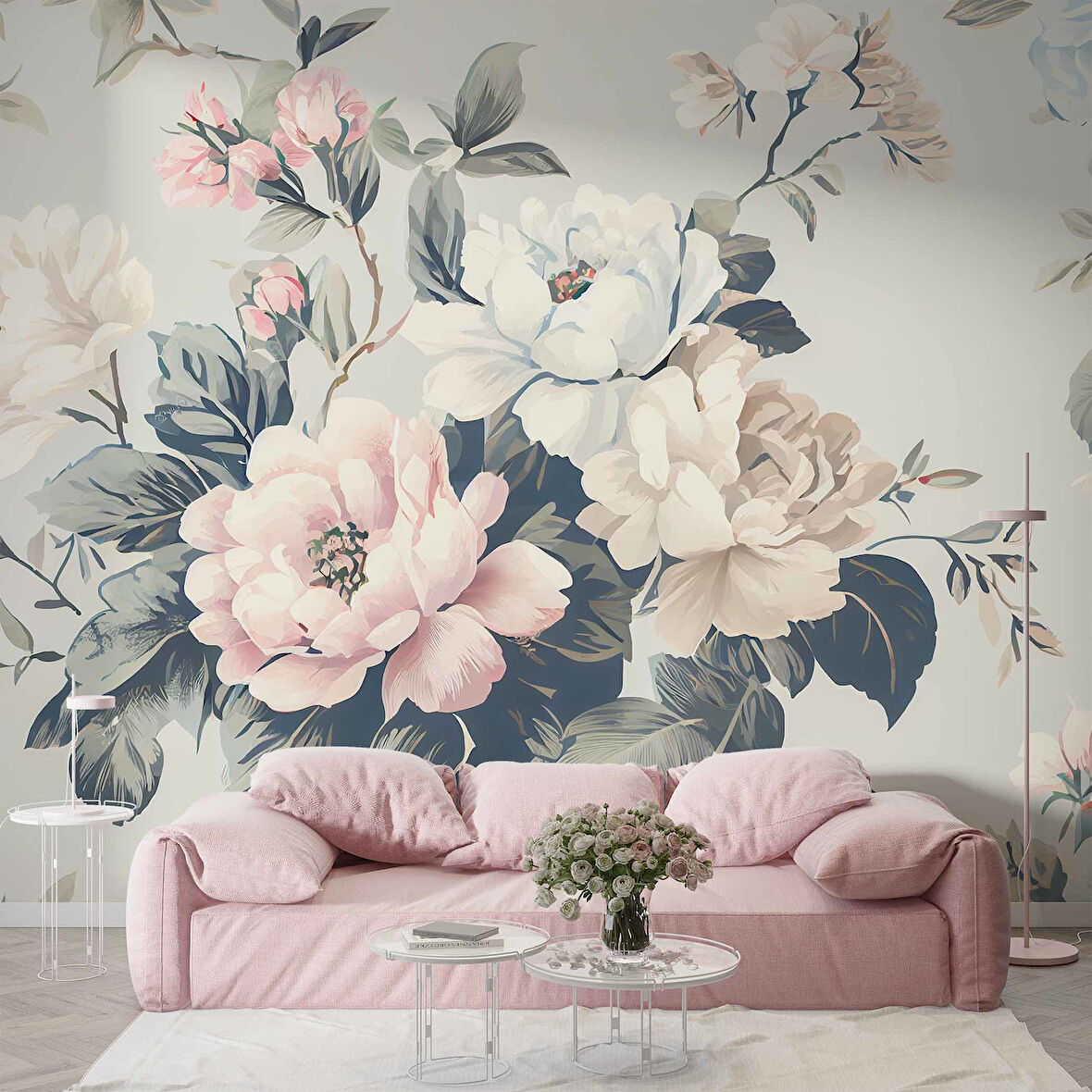 Soft Mavi Pembe Çiçek Desenli Duvar Kağıdı