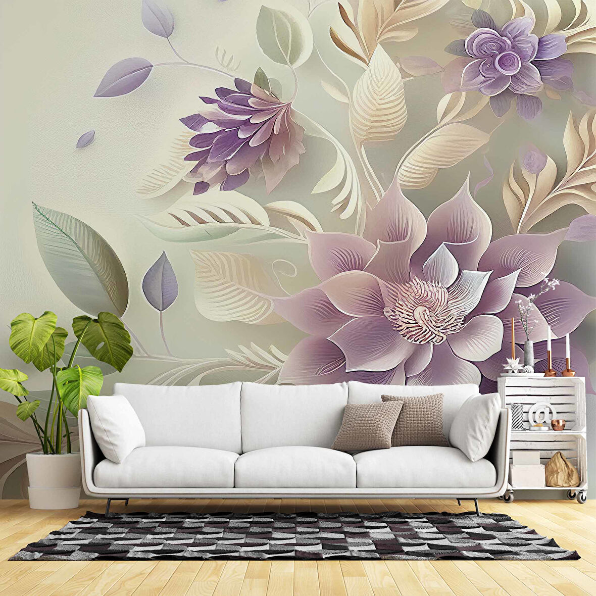 3 Boyutlu Pembe Çiçek Çizim Temalı Duvar Kağıdı