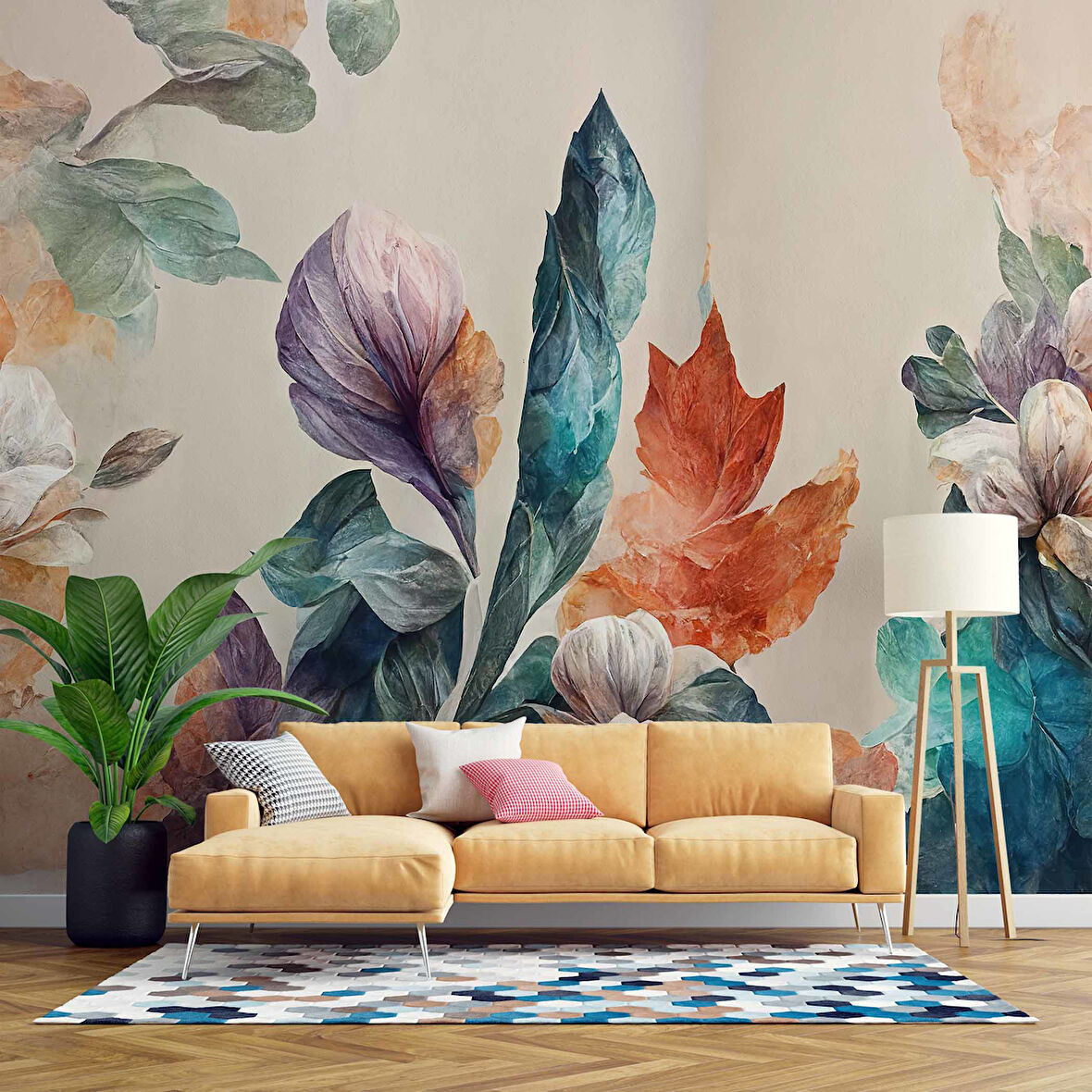 3 Boyutlu Pembe Çiçek Yeşil Yaprak Çizim Temalı Duvar Kağıdı