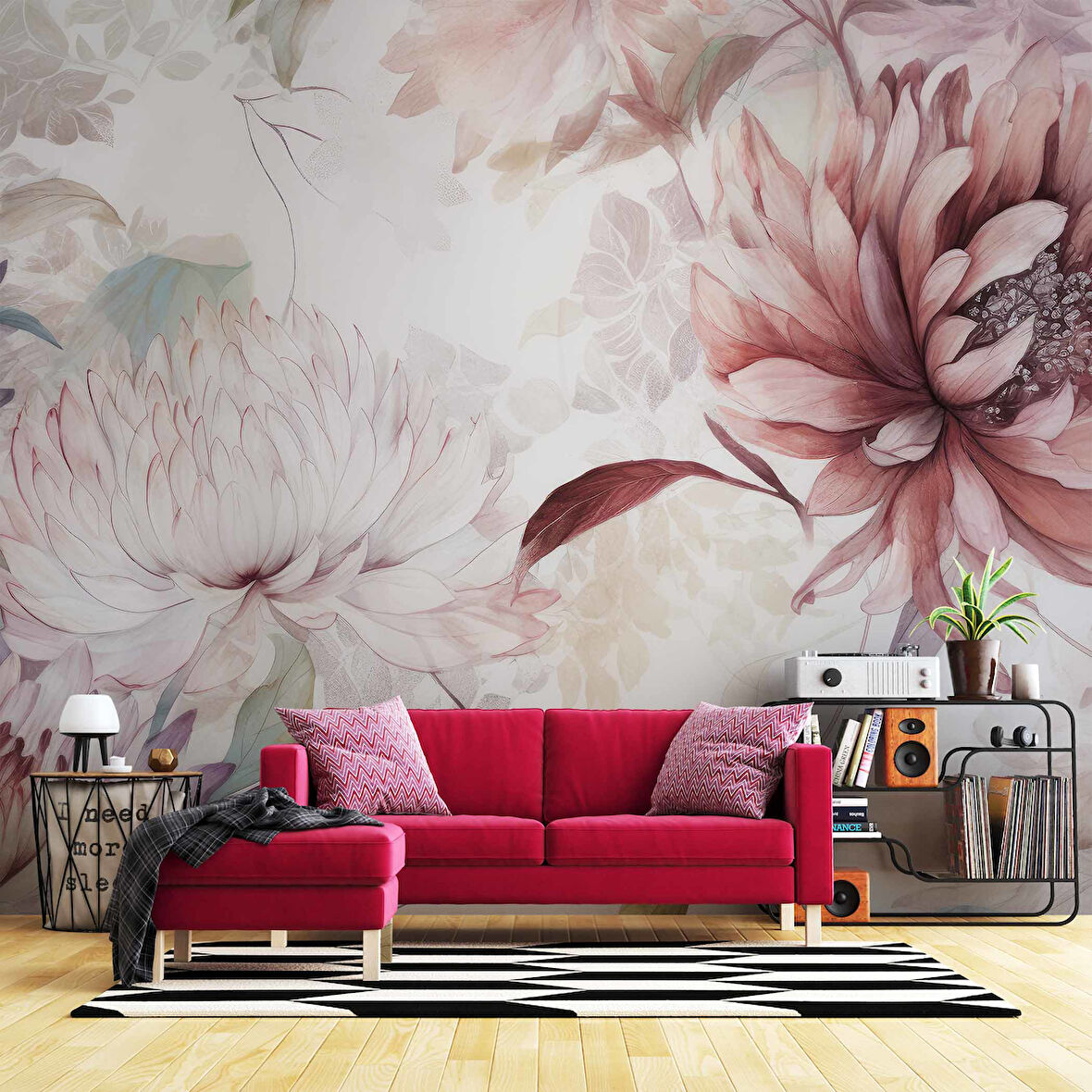 Kırmızı Pembe Çiçek Çizim Temalı Duvar Kağıdı