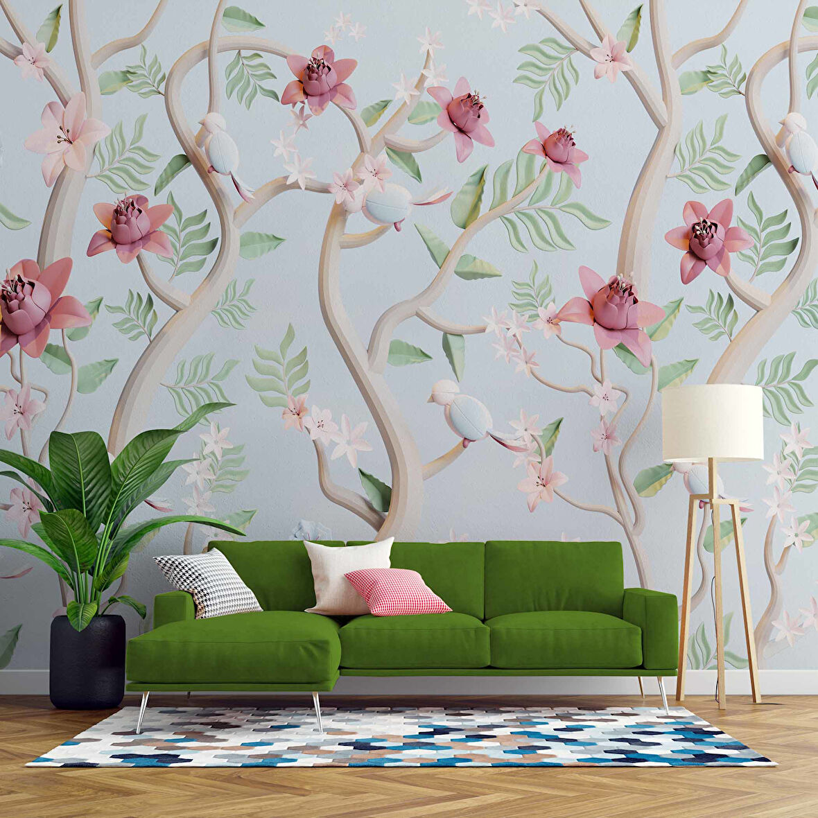 Yeşil Zemin Pembe Kırmızı Çiçek Desenli Duvar Kağıdı
