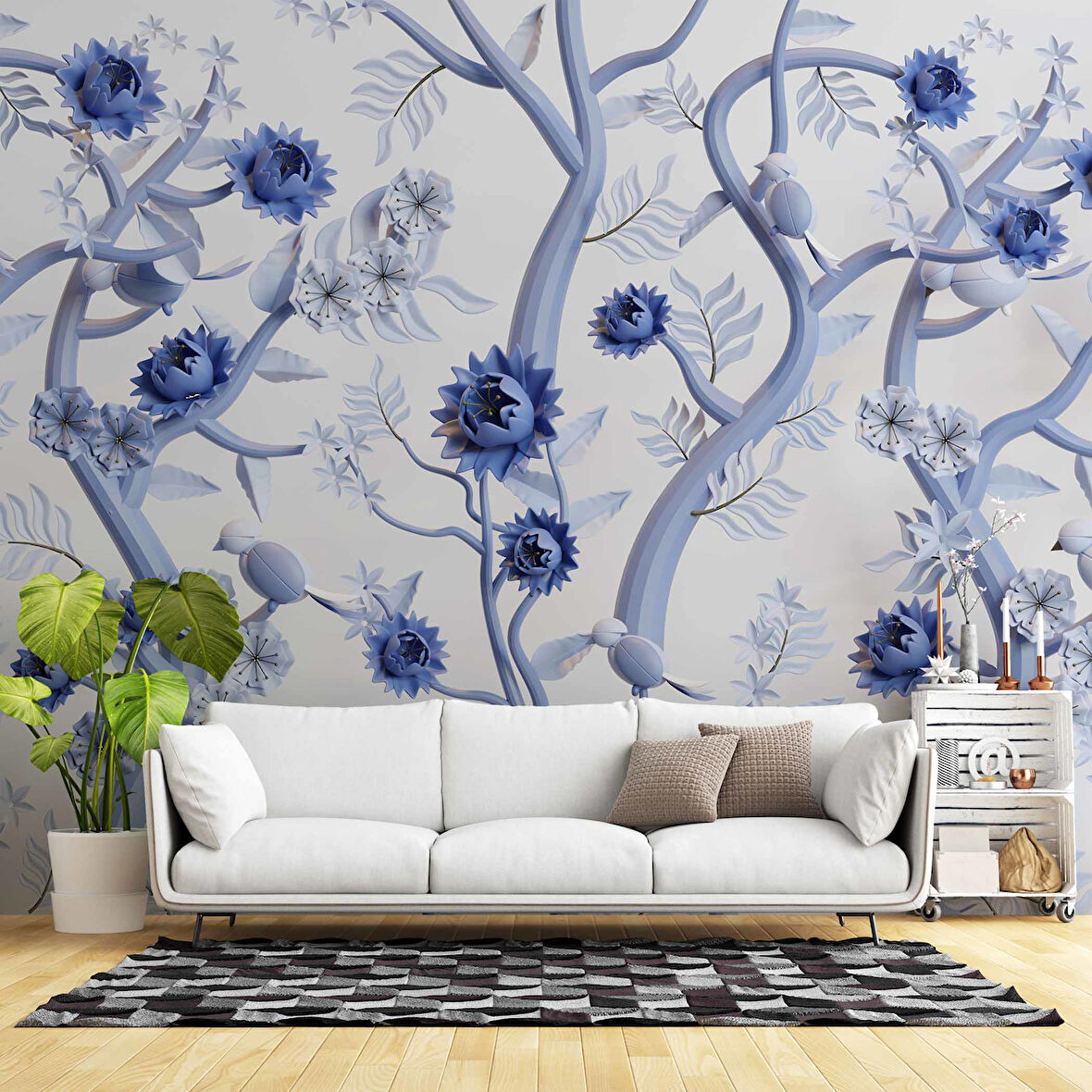Mavi Çiçek ve Dal Desenli Duvar Kağıdı