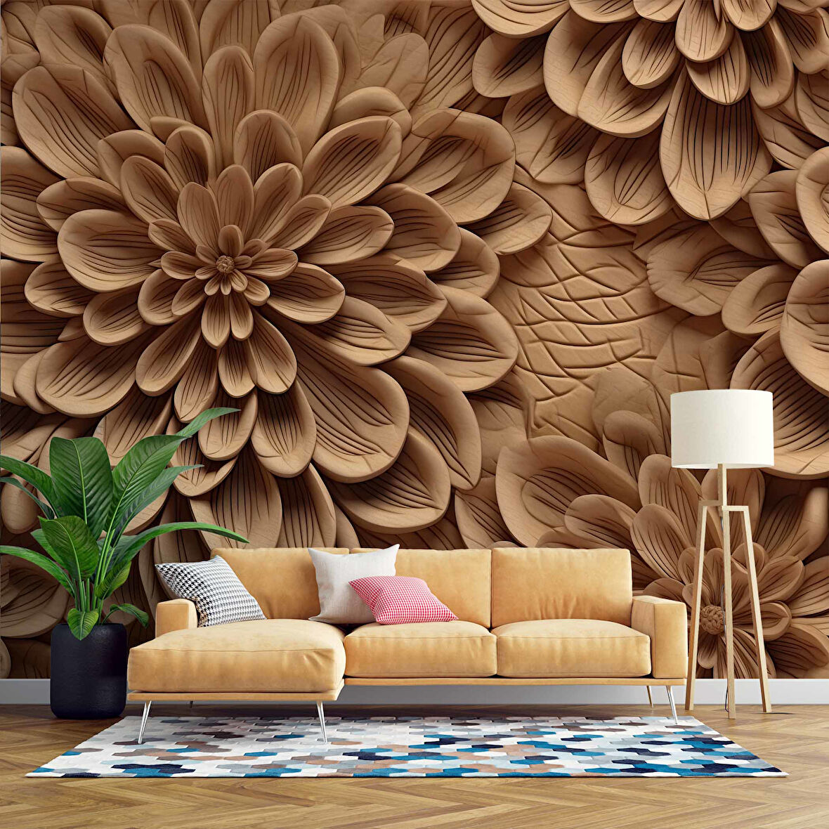 Çiçek Figürlü Ağaç Oyma Desenli Duvar Kağıdı