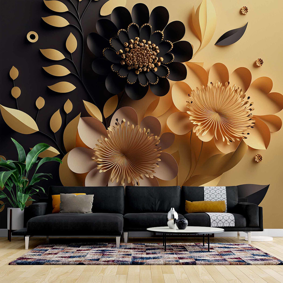 3 Boyutlu Sarı Siyah Çiçek Desenli Duvar Kağıdı