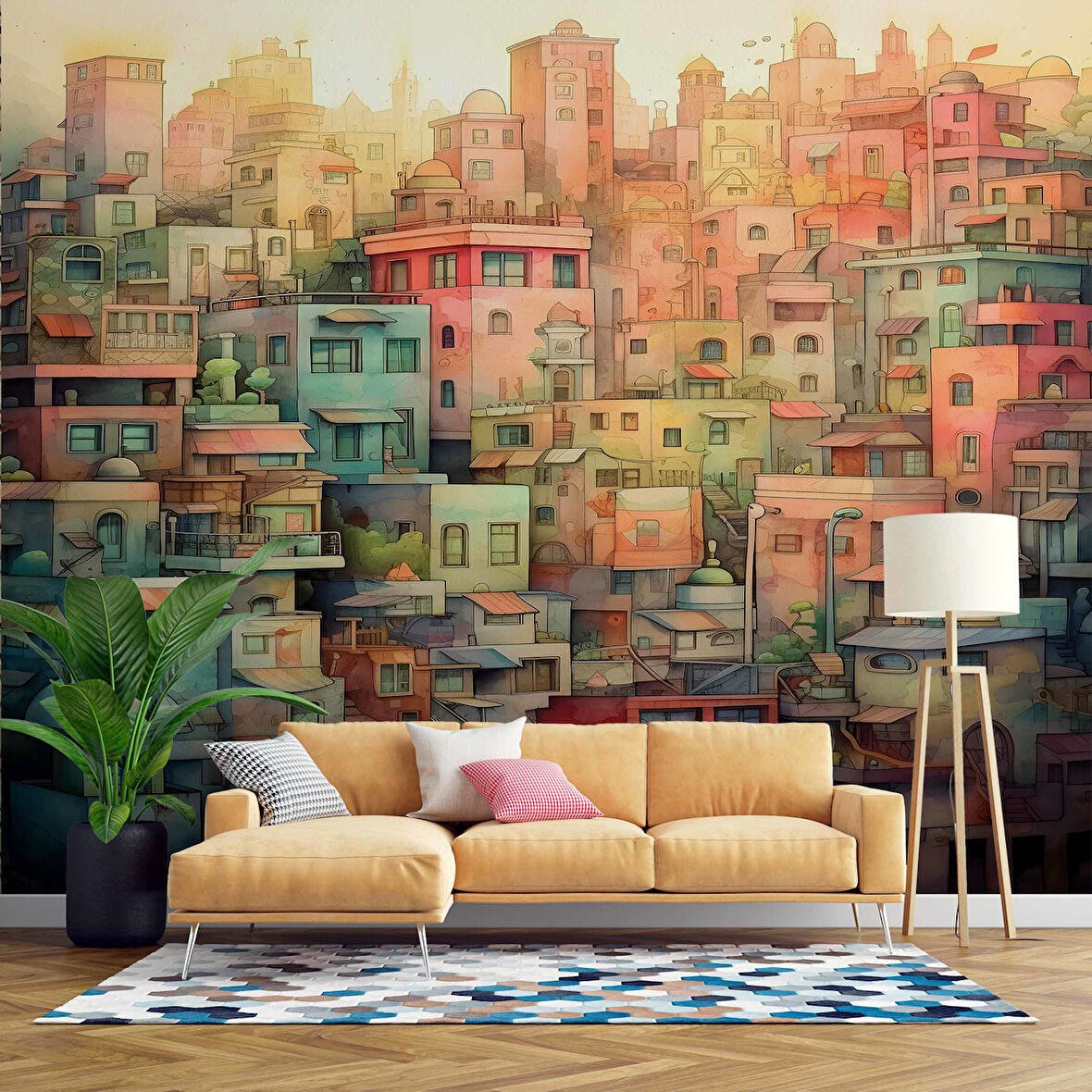 Sanatsal Ev Çizim Desenli Duvar Kağıdı