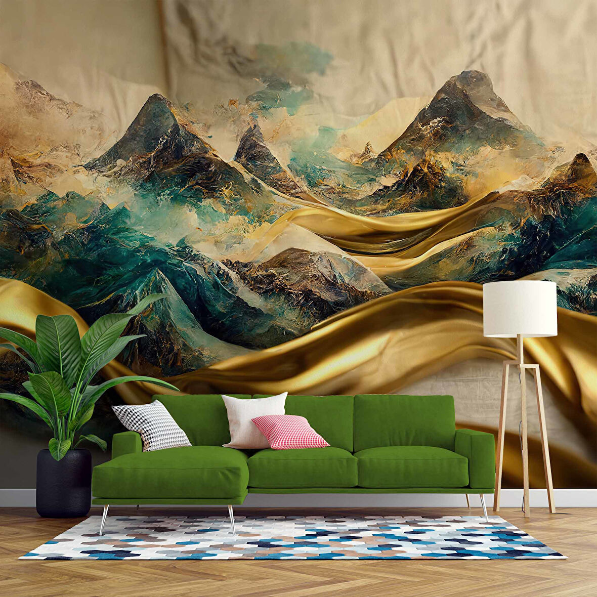 3 Boyutlu Eskitme Dağ ve Suluboya Çizimli Duvar Kağıdı