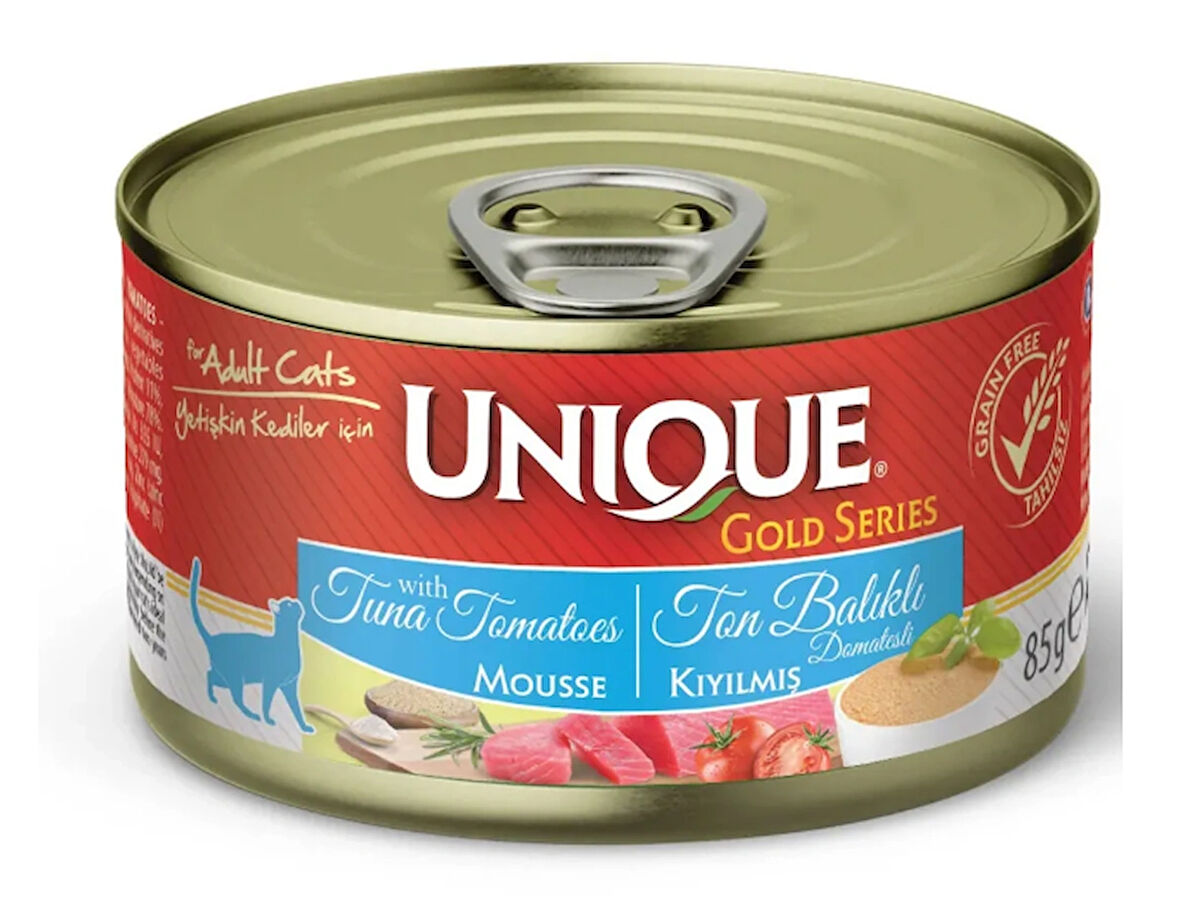 Unique Gold Serisi Kıyılmış Ton Balıklı ve Domatesli Kedi Konservesi 85 Gr 24 Adet