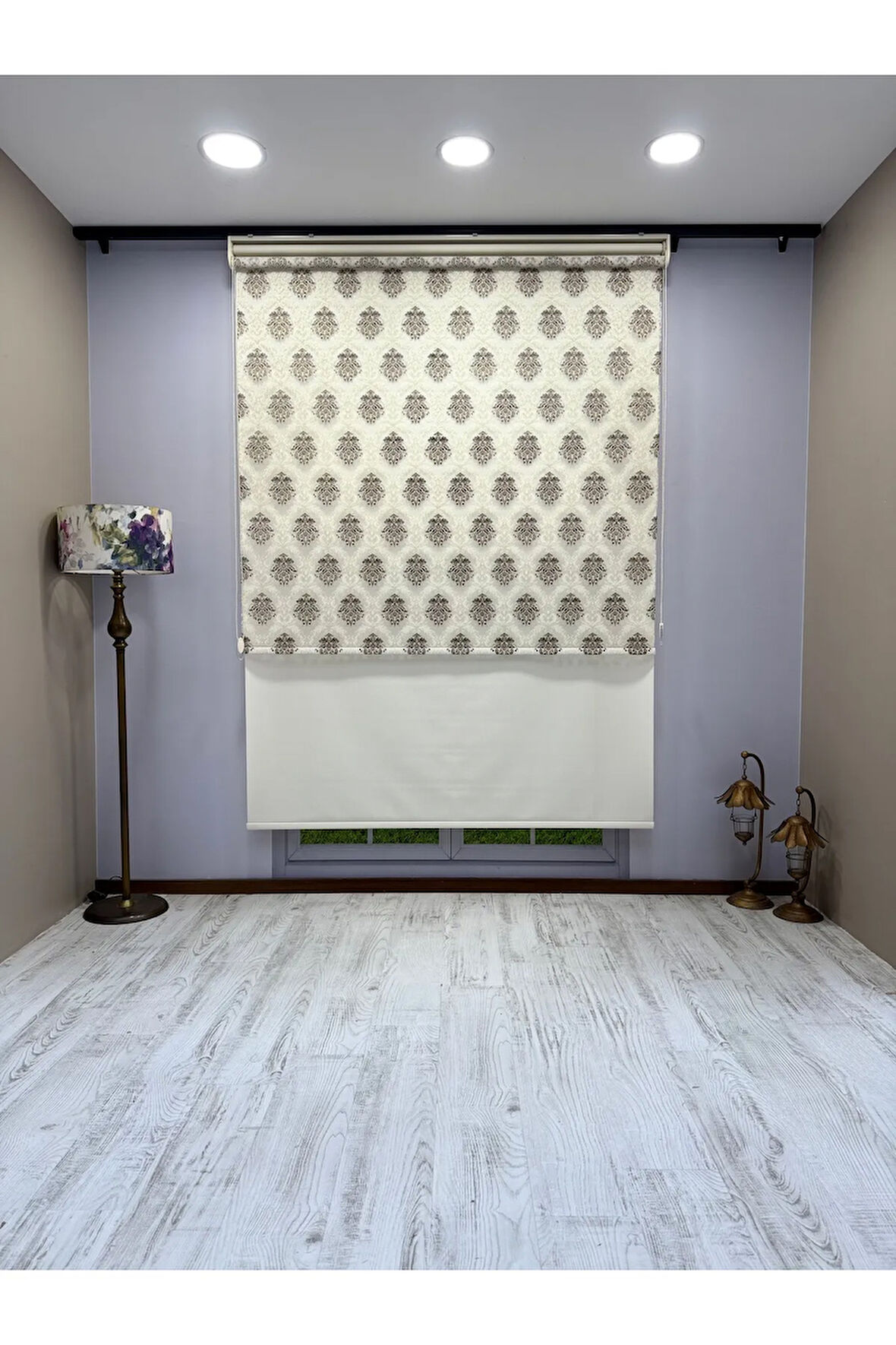 Gold Kahve Damask Desenli Çift Mekanizmalı Tül ve Stor Perde - Simli Kumaş, Simli Stor Perde