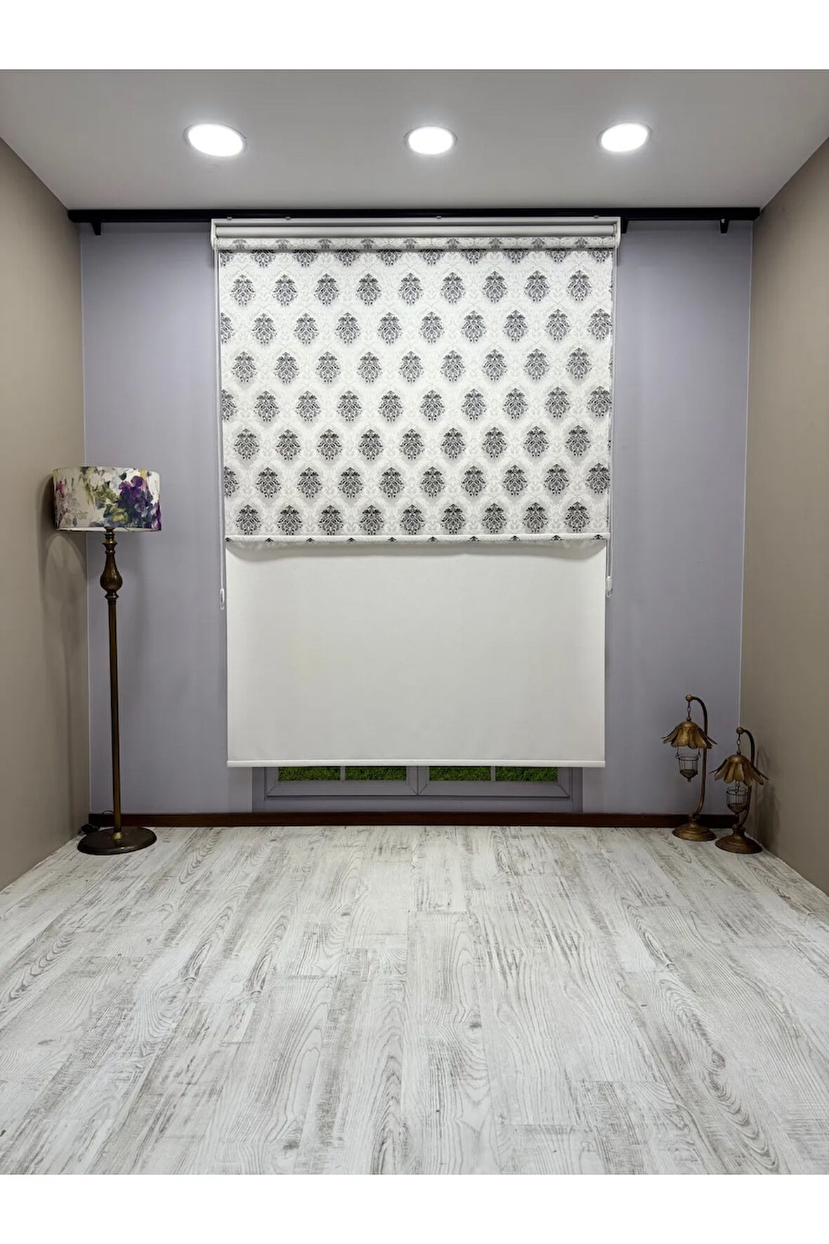 Gri Damask Desenli Çift Mekanizmalı Tül ve Stor Perde - Simli Kumaş, Simli Stor Perde