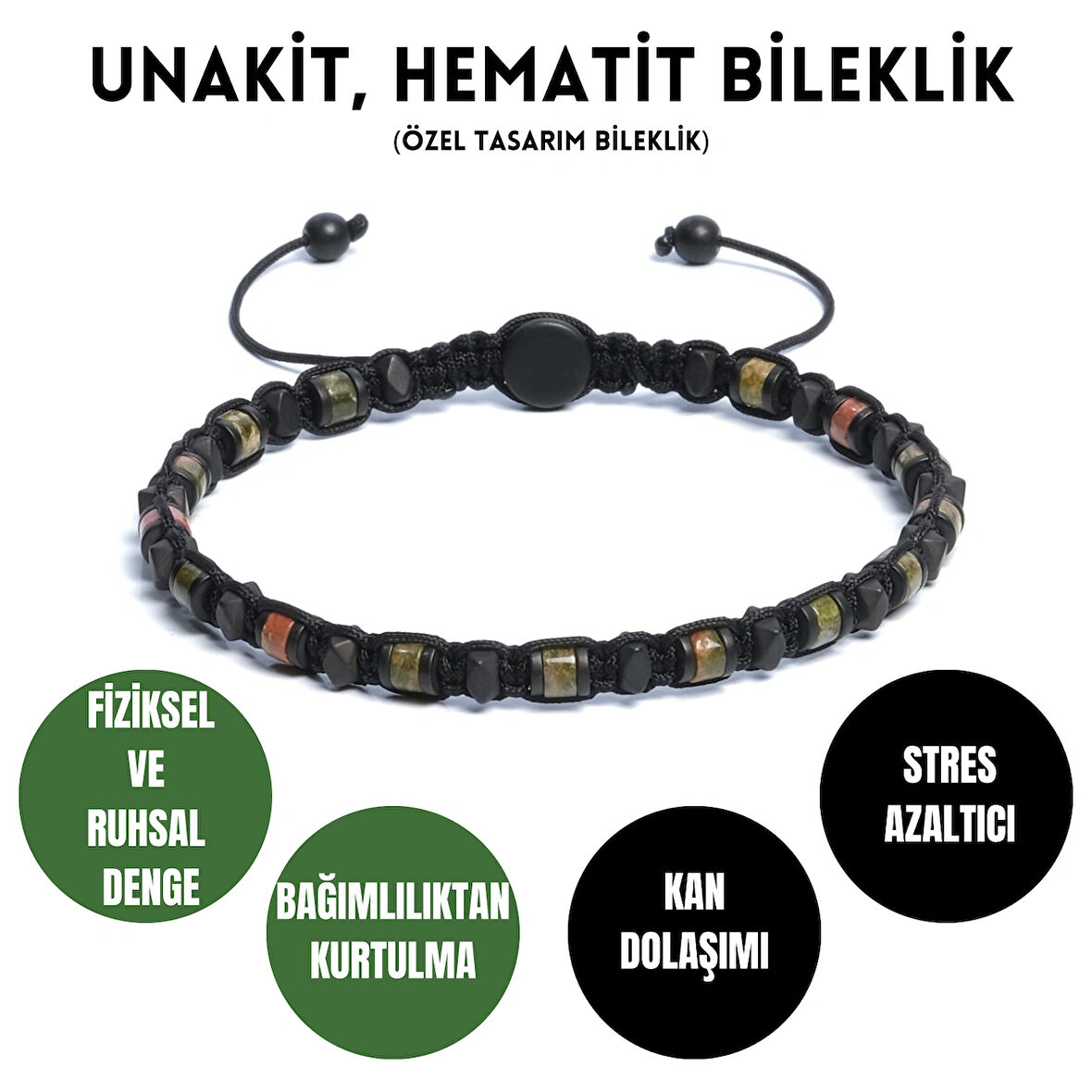 Unakit, Hematit Bileklik - Iden Black Green Bileklik - Tasarım Bileklik 4 mm Ayarlanabilir