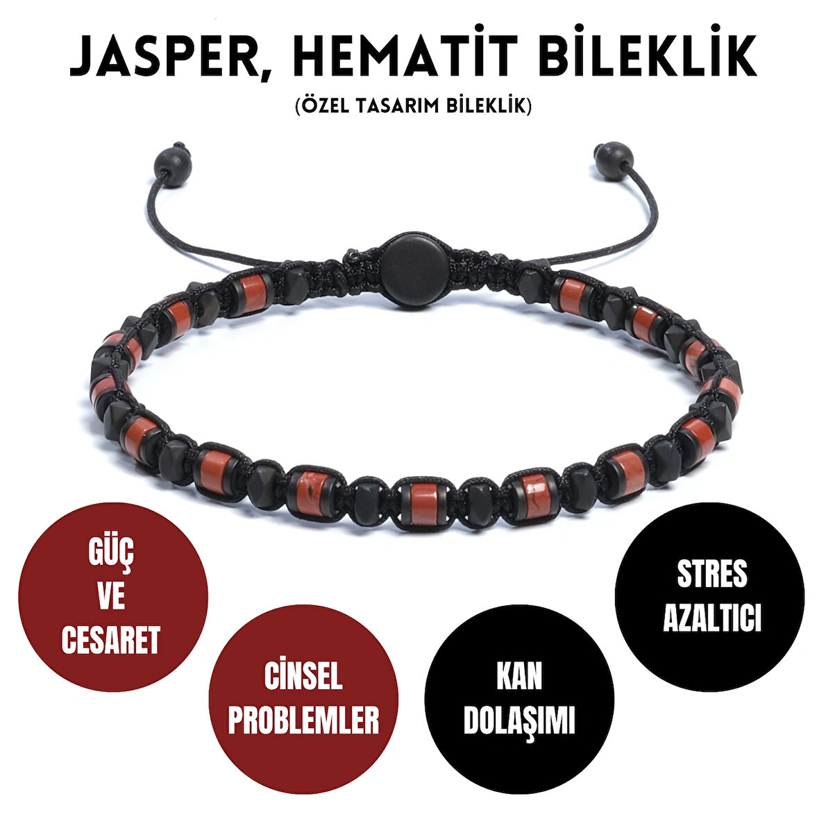 Kırmızı Jasper, Hematit Bileklik - Iden Black Red Bileklik - Tasarım Bileklik 4mm Ayarlanabilir