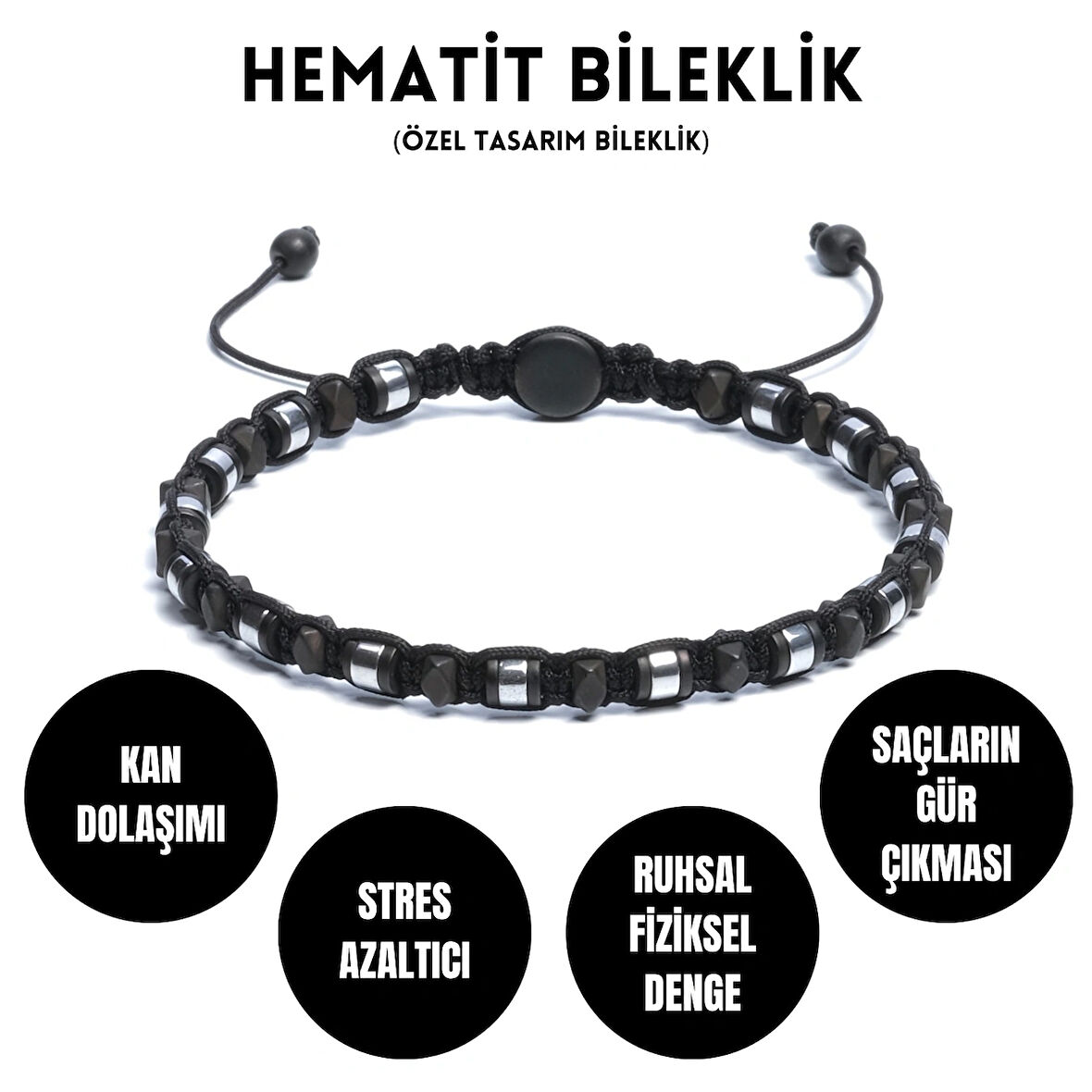 Hematit Bileklik - Iden Black Silver Bileklik - Tasarım Bileklik 4mm Ayarlanabilir