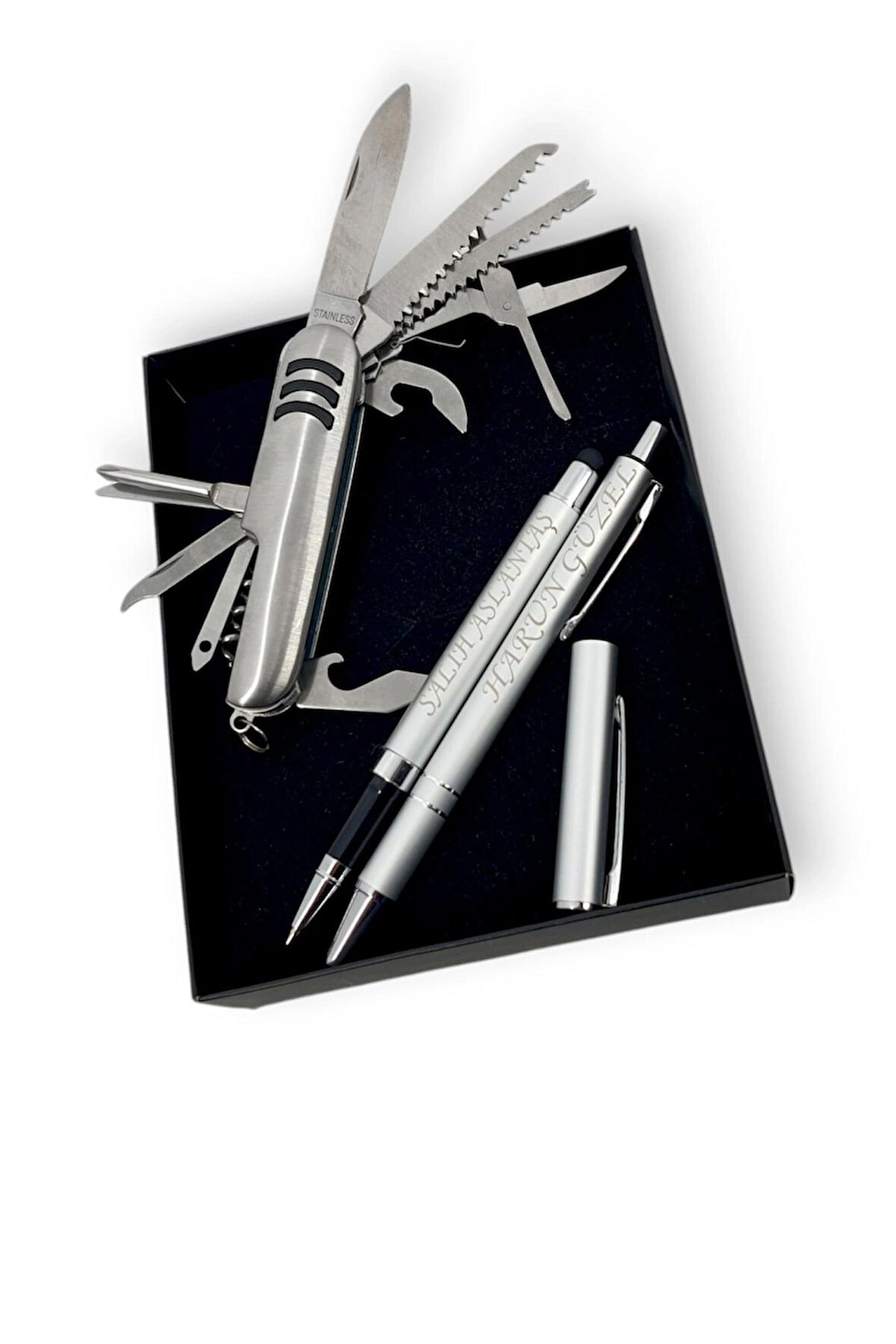 İsme Özel Çok Amaçlı 11 Fonksiyonlu Çakı İsme Özel 2 Touchpen Tükenmez Kalem Özel Kutusunda