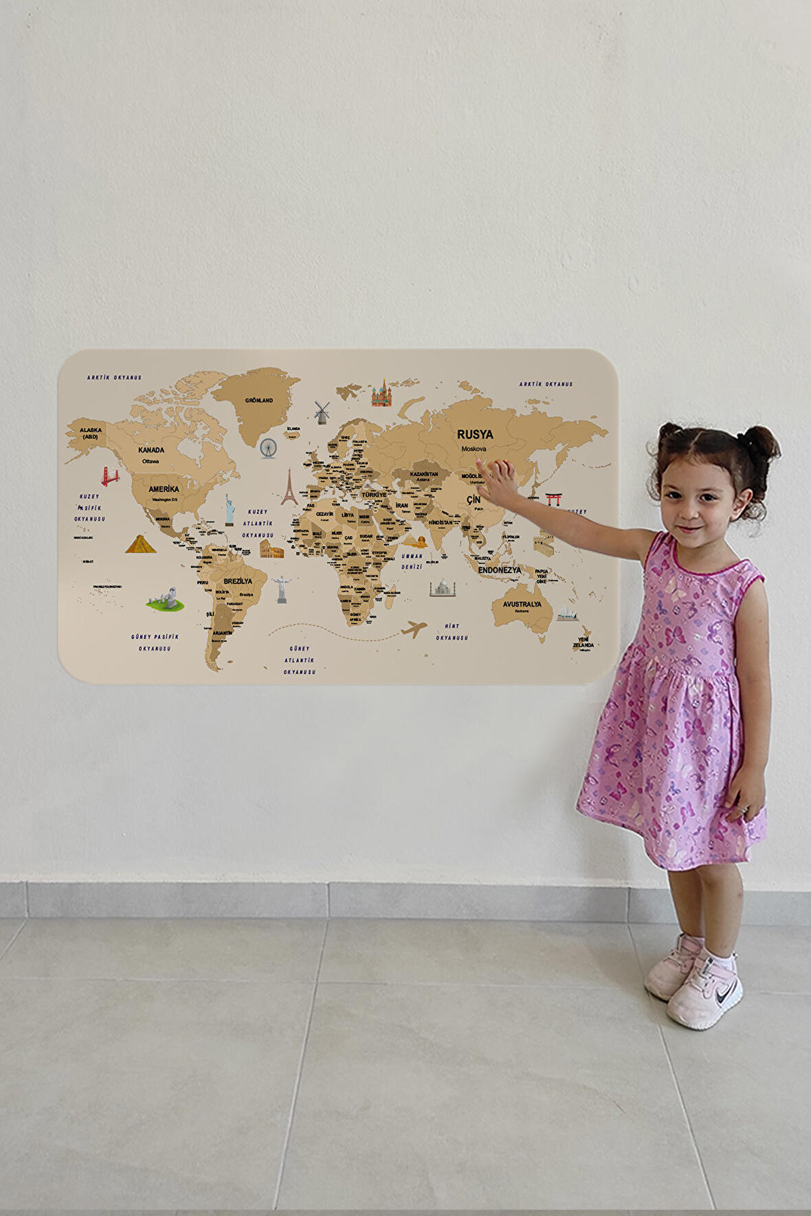 Türkçe Eğitici Ülke ve Başkent Detaylı Atlası Dekoratif Dünya Haritası Duvar Sticker 3839
