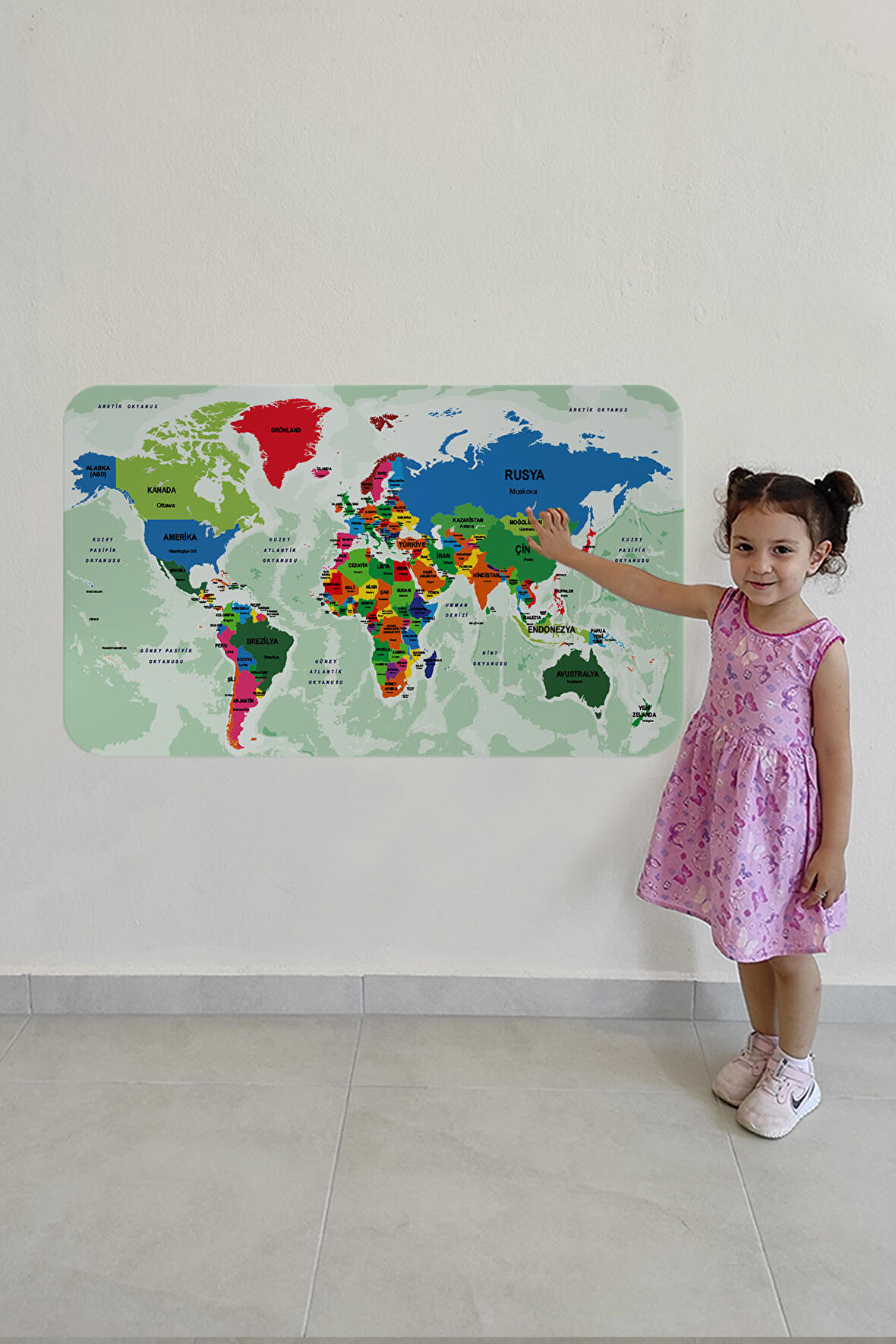 Türkçe Eğitici Ülke ve Başkent Okyanus Detaylı Atlası Dekoratif Dünya Haritası Duvar Sticker 3840