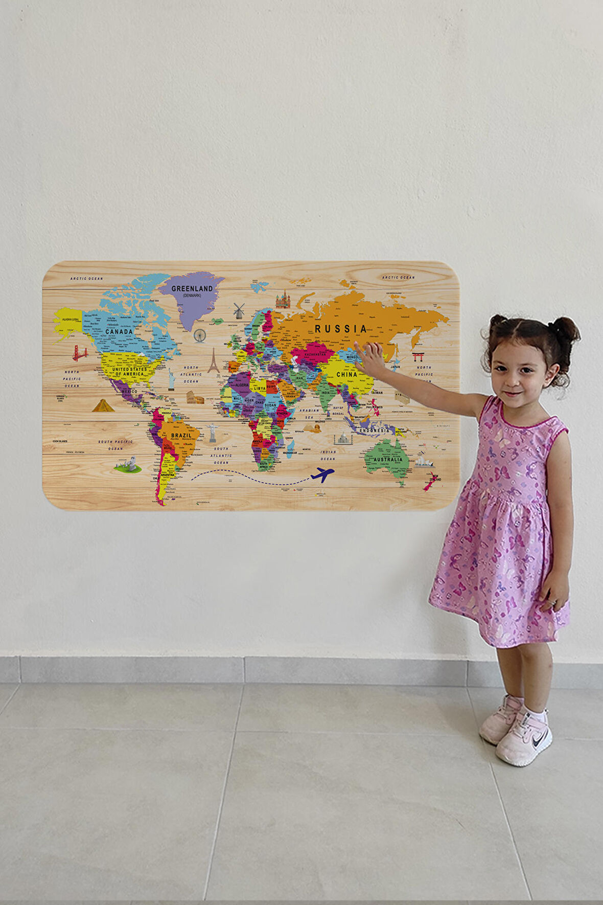 Ahşap Görünümlü Eğitici Detaylı Atlası Dekoratif Dünya Haritası Duvar Sticker 3842