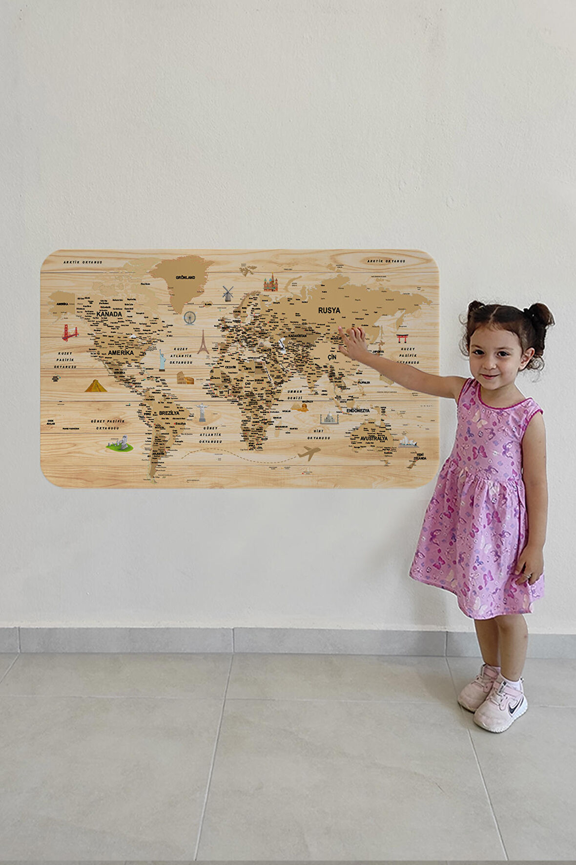 Ahşap Görünümlü Türkçe Eğitici Detaylı Atlası Dekoratif Dünya Haritası Duvar Sticker  3843