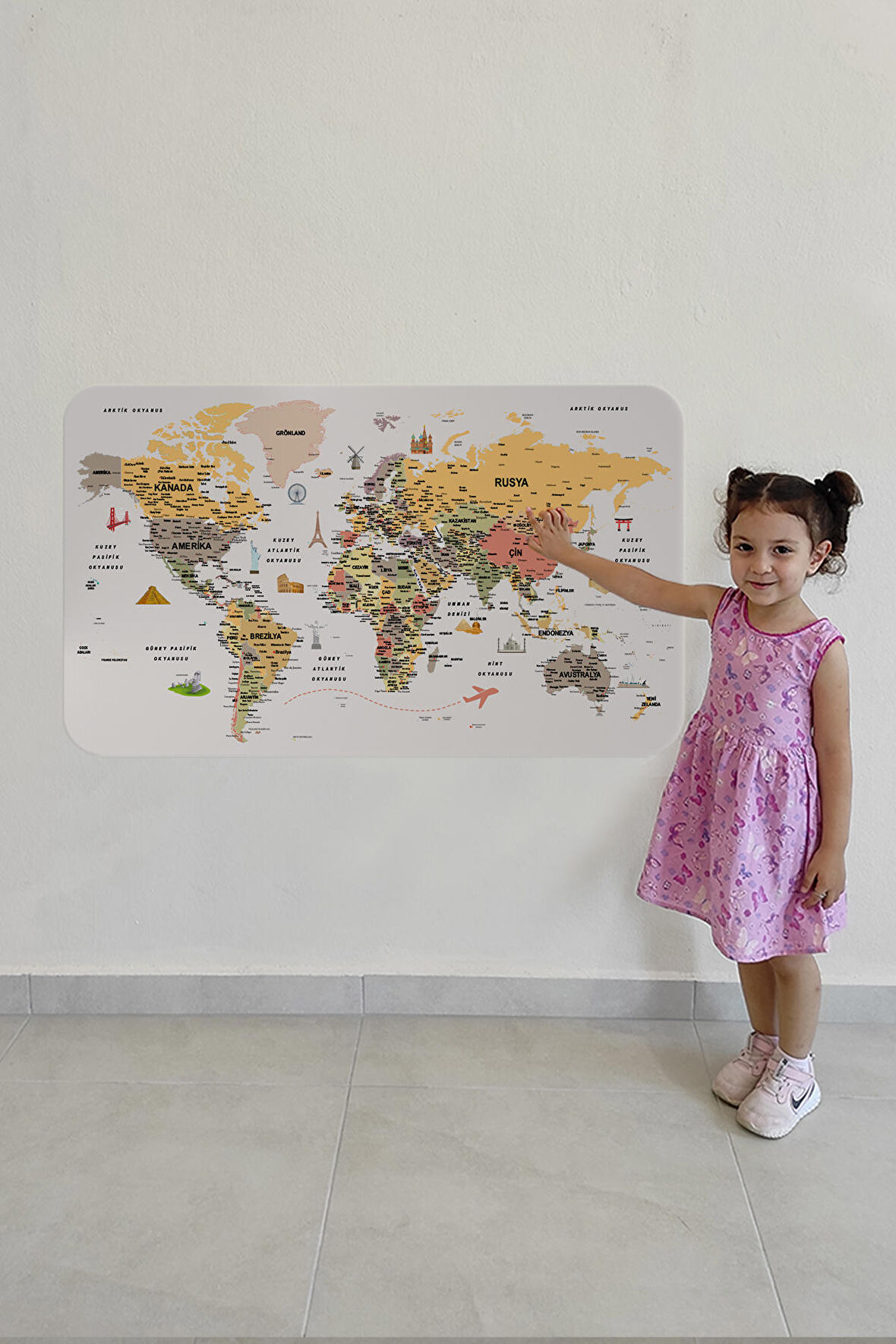 Türkçe Eğitici Ülke ve Başkent Detaylı Atlası Dünya Haritası Duvar Sticker 3854
