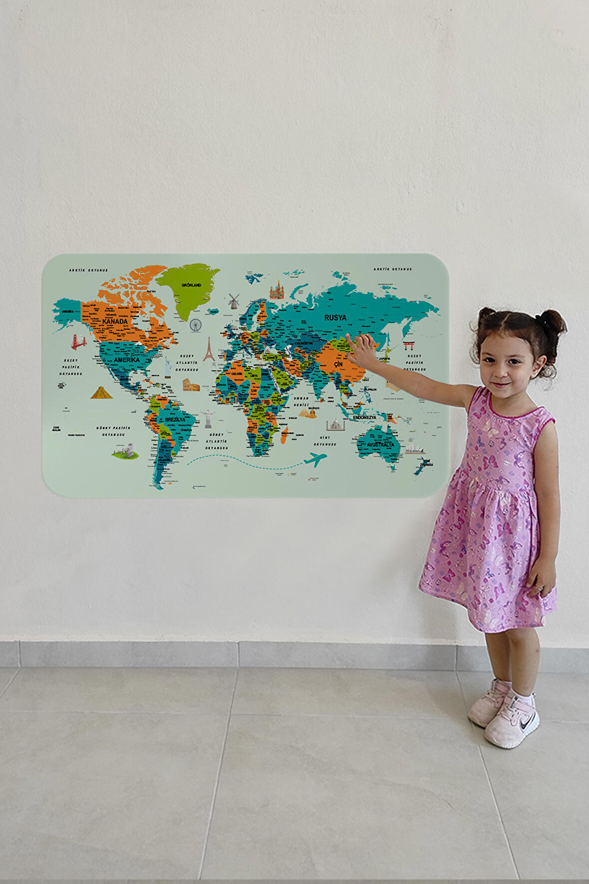 Türkçe Eğitici Ülke ve Başkent Detaylı Atlası Dünya Haritası Duvar Sticker 3855