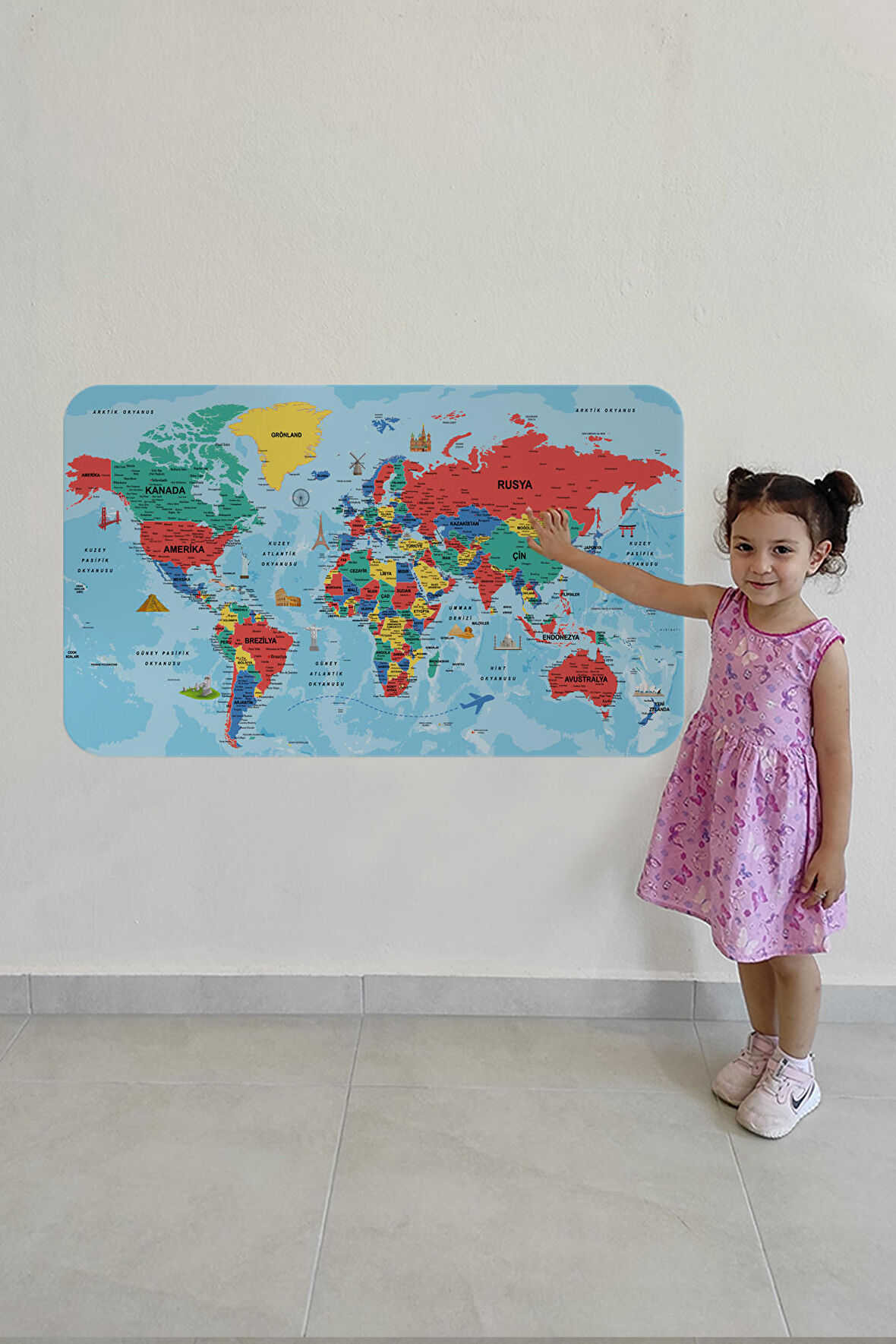 Türkçe Eğitici Ülke ve Başkent Okyanus Detaylı Atlası Dekoratif Dünya Haritası Duvar Sticker 3863