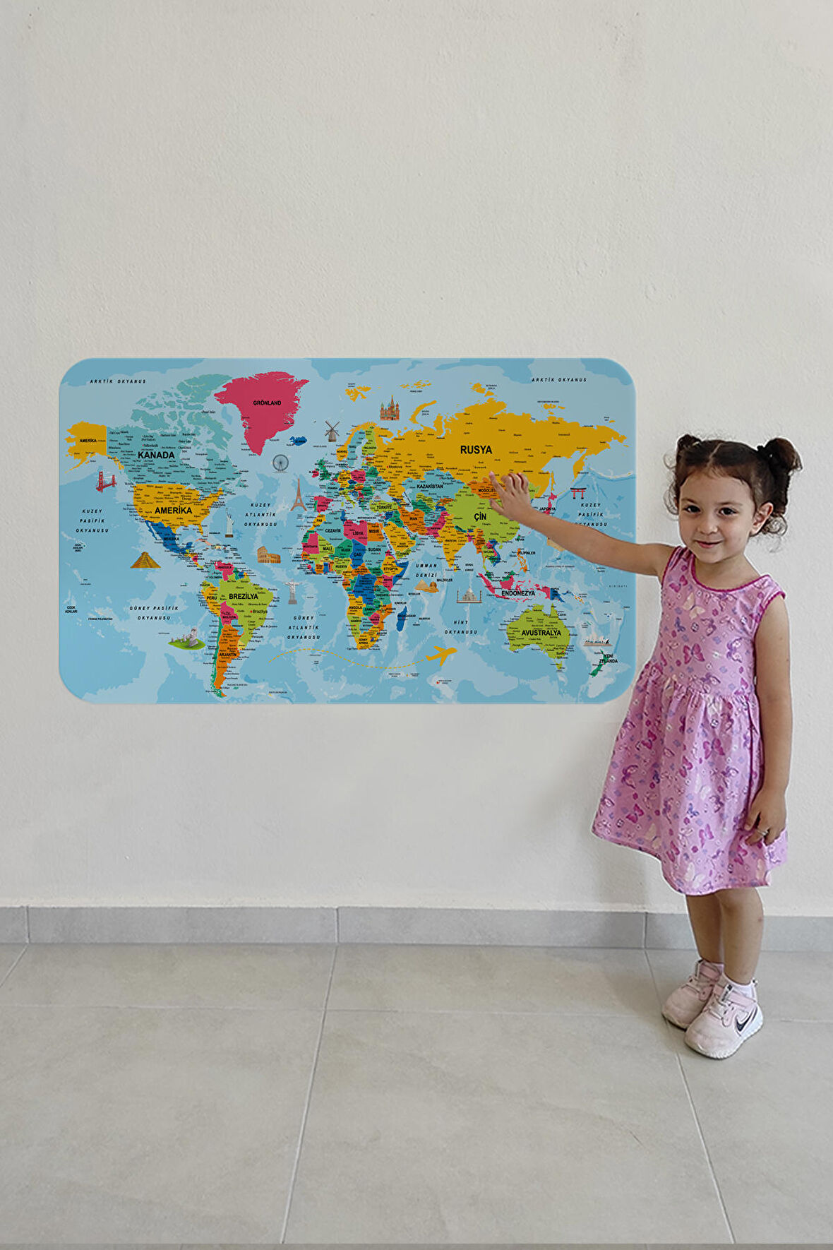Türkçe Eğitici Ülke ve Başkent Okyanus Detaylı Atlası Dekoratif Dünya Haritası Duvar Sticker 3864