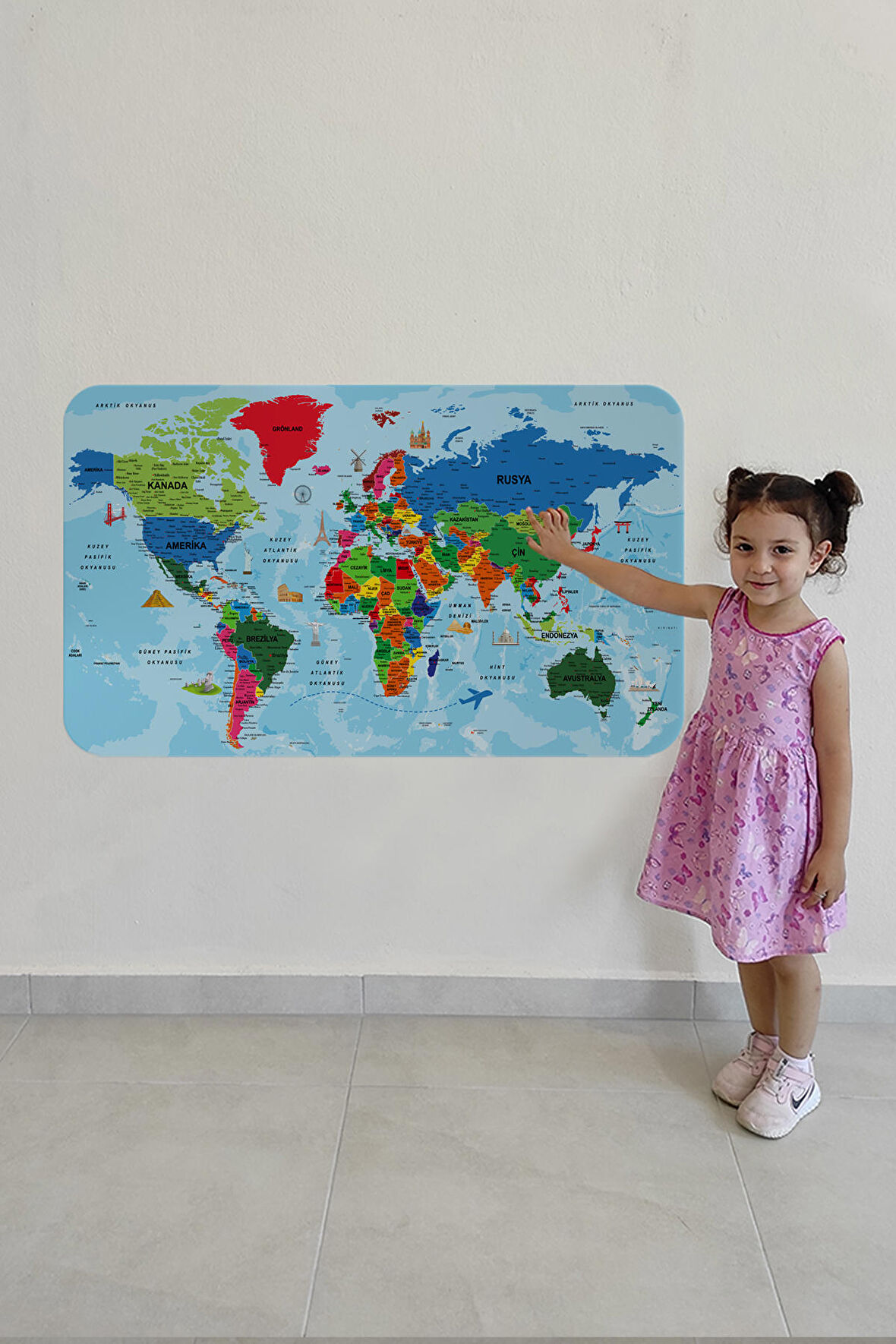 Türkçe Eğitici Ülke ve Başkent Okyanus Detaylı Atlası Dekoratif Dünya Haritası Duvar Sticker 3866