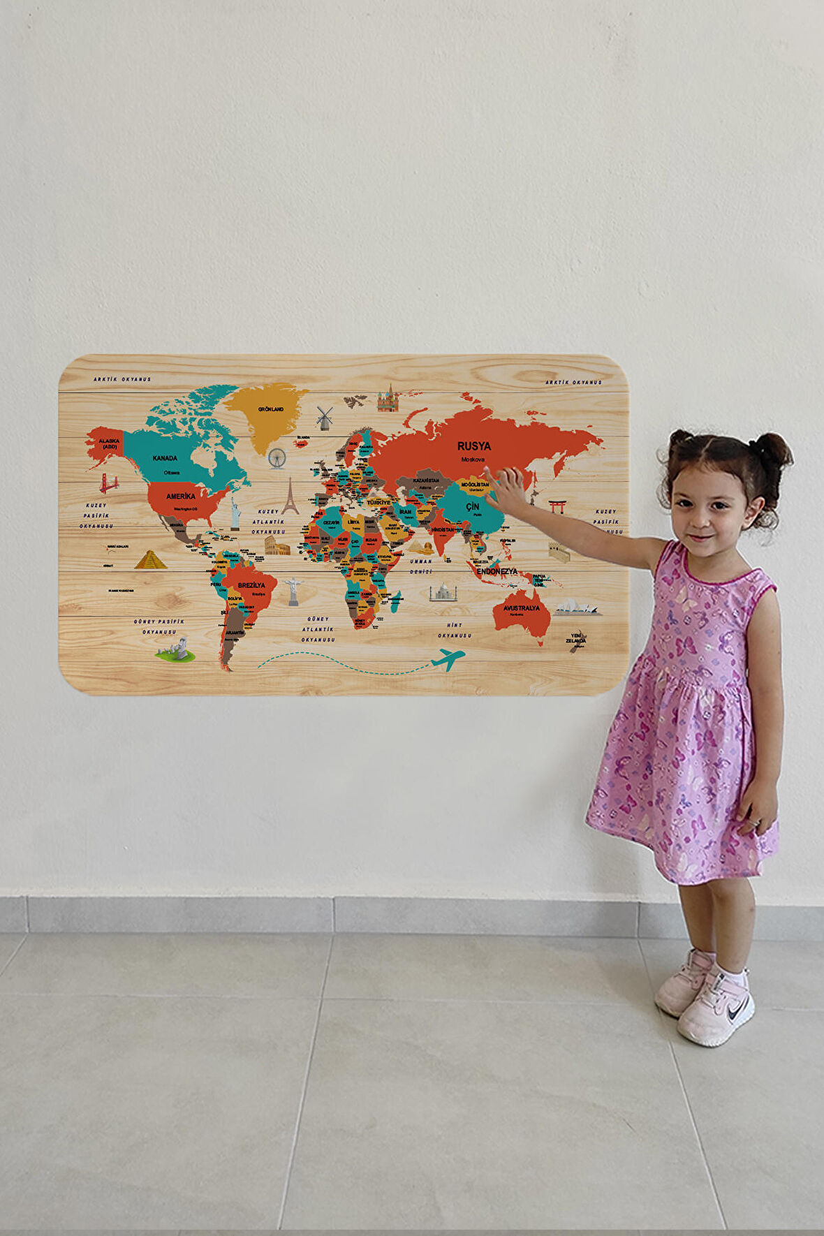 Ahşap Görünümlü Türkçe Eğitici Detaylı Atlası Dekoratif Dünya Haritası Duvar Sticker 3867