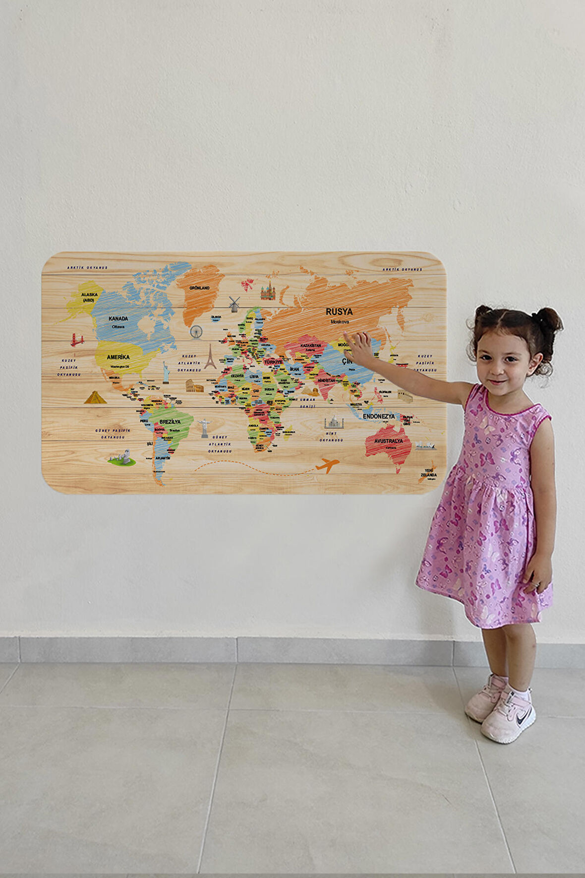 Ahşap Görünümlü Türkçe Eğitici Detaylı Atlası Dekoratif Dünya Haritası Duvar Sticker 3868