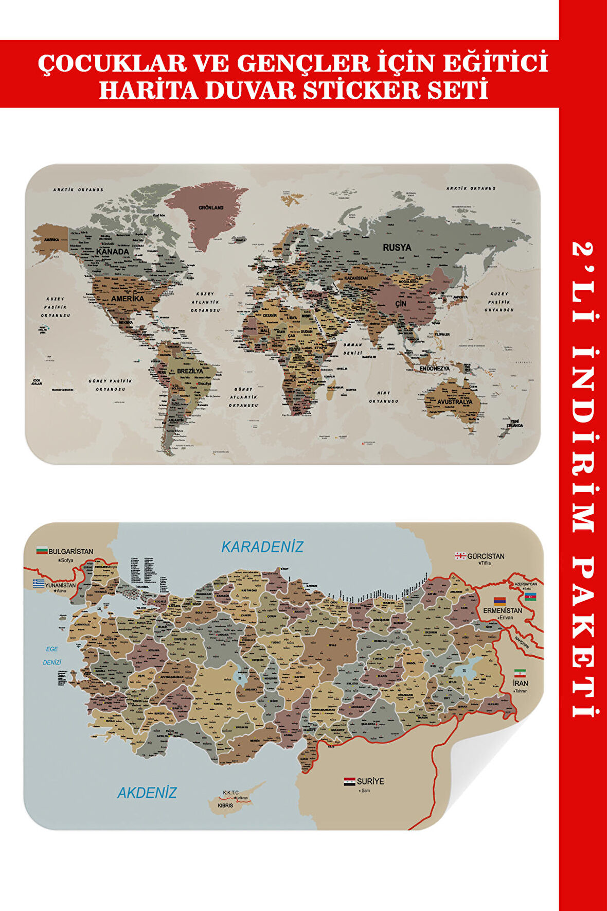 Eğitici ve Öğretici Dünya ve Türkiye Haritası Çocuk Odası Duvar Sticker 3883