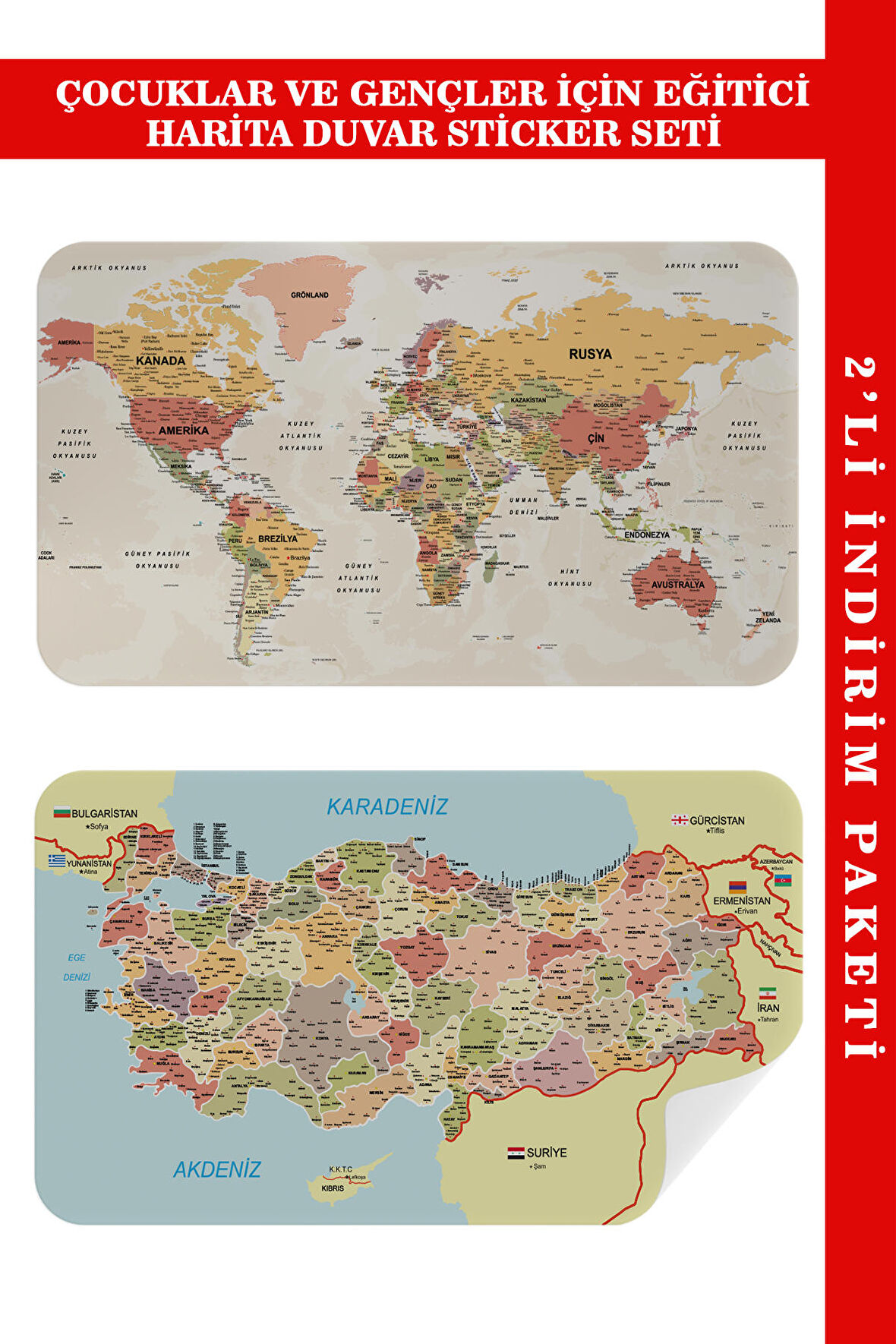 Eğitici Öğretici Dünya ve Türkiye Haritası Çocuk Odası Duvar Sticker 3890
