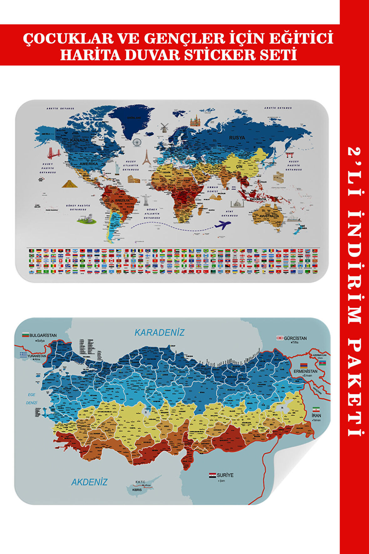 Eğitici Öğretici Dünya ve Türkiye Haritası Çocuk Odası Duvar Sticker 3891