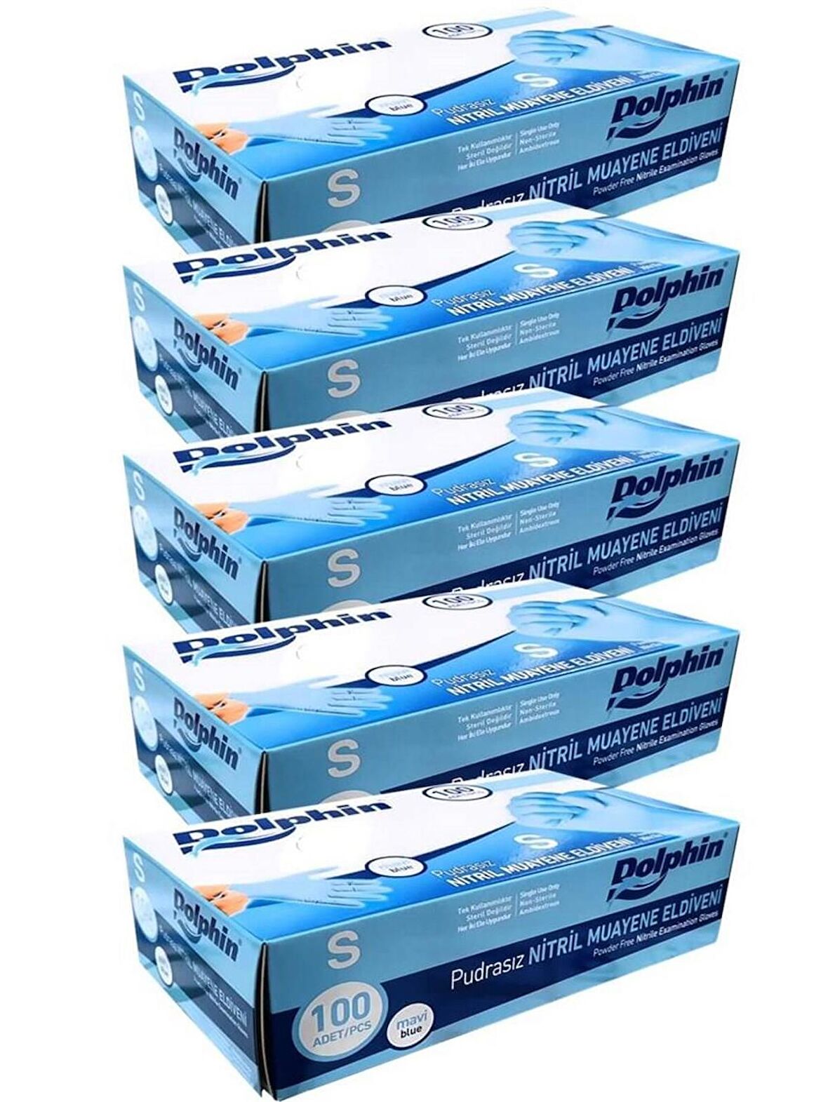 Dolphin Tek Kullanımlık Lateks Mavi Pudrasız Nitril Muayne Eldiveni Small Küçük Boy -100'lü 5 Paket